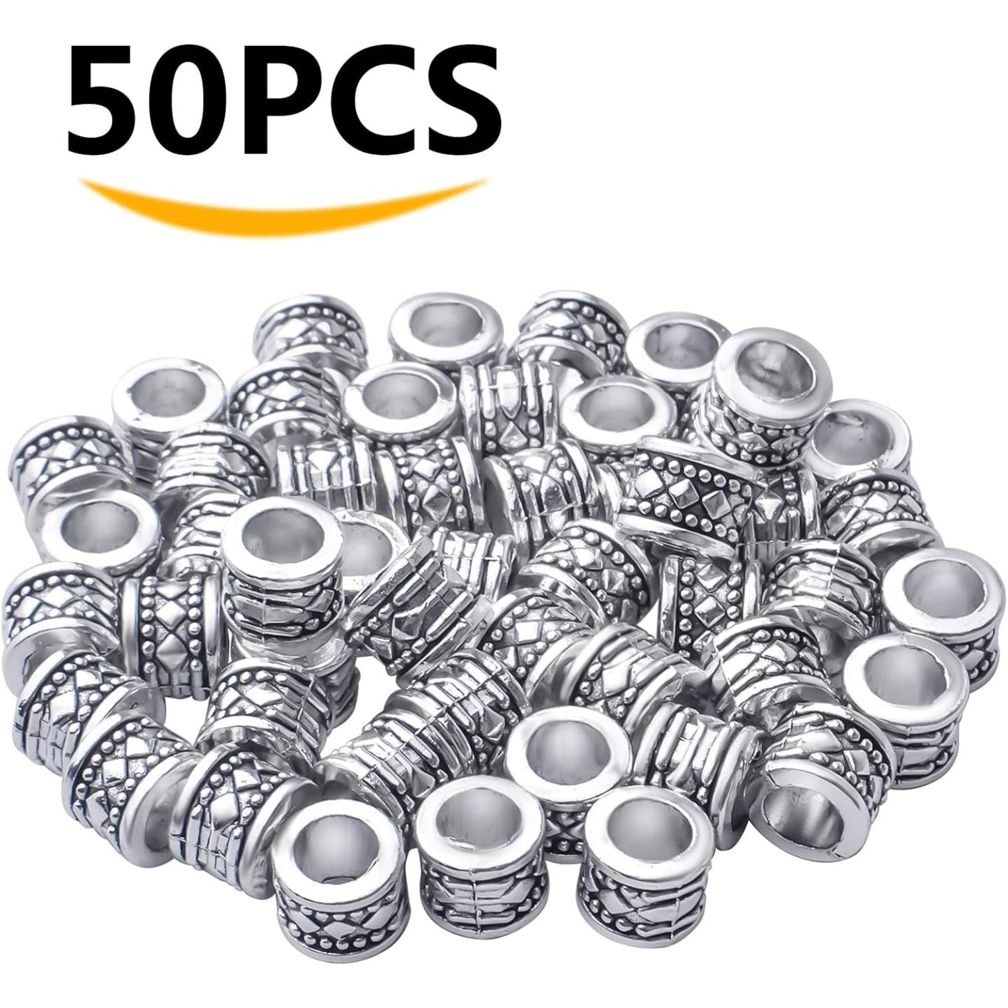 50pcs Antique Silver Large Hole Spacer Beads Tibetan Alloy Column Spacers Tube Bead Spacers Rondelle Loose Beads Charm Beads for Jewelry DIY Bracelet Crafts Making,Hole: 5.7mm