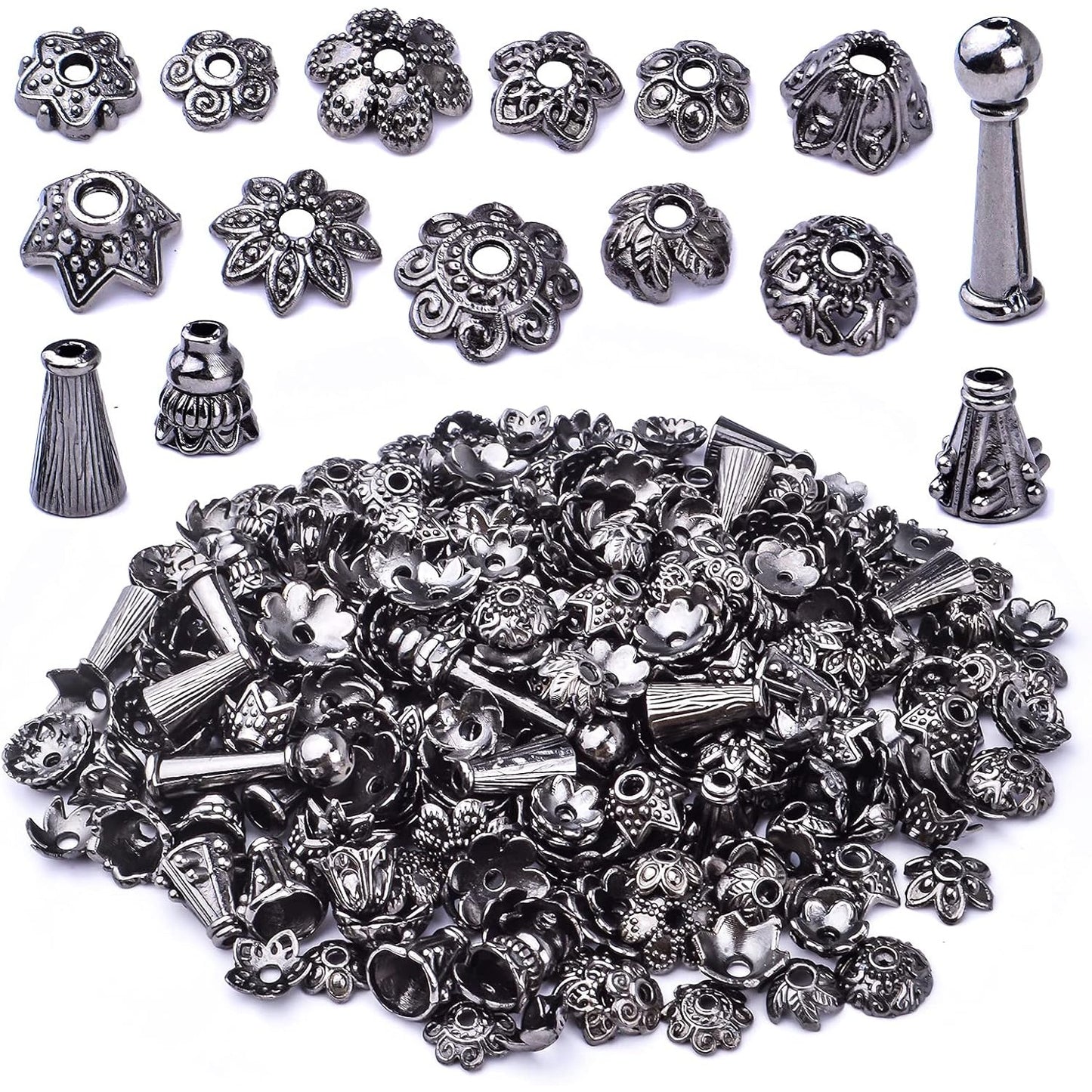 100 Gram Gun Black Flower Bead Caps Tibetan Alloy Mixed Styles Spacer Beads Caps End Caps Craft Supplies for DIY Earrings Bracelet Necklace Jewelry Making Accessories