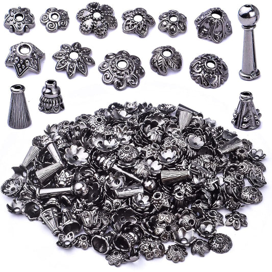 100 Gram Gun Black Flower Bead Caps Tibetan Alloy Mixed Styles Spacer Beads Caps End Caps Craft Supplies for DIY Earrings Bracelet Necklace Jewelry Making Accessories
