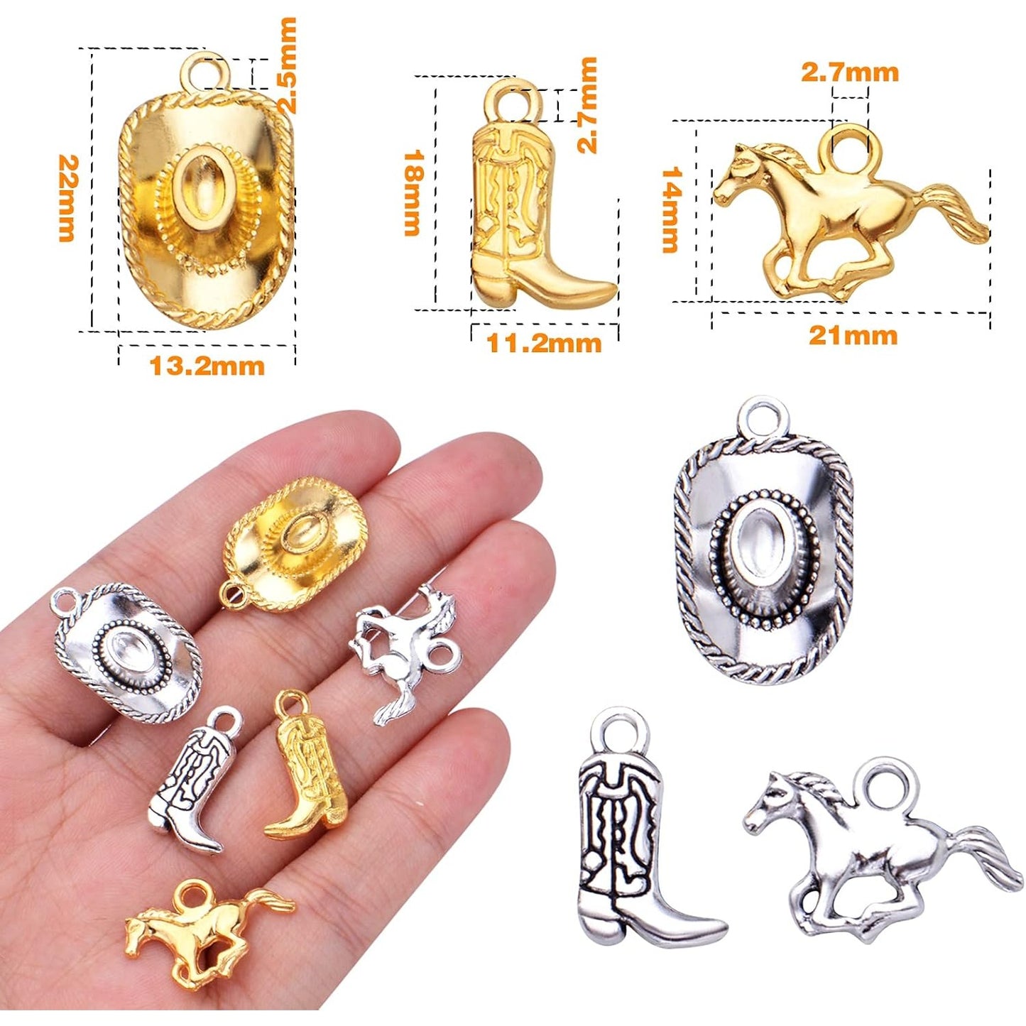 60pcs Silver Western Cowboy Charms Pendants Alloy Horse Cowboy Boot Hat Dangle Charms for DIY Earrings Bracelet Necklace Jewelry Making