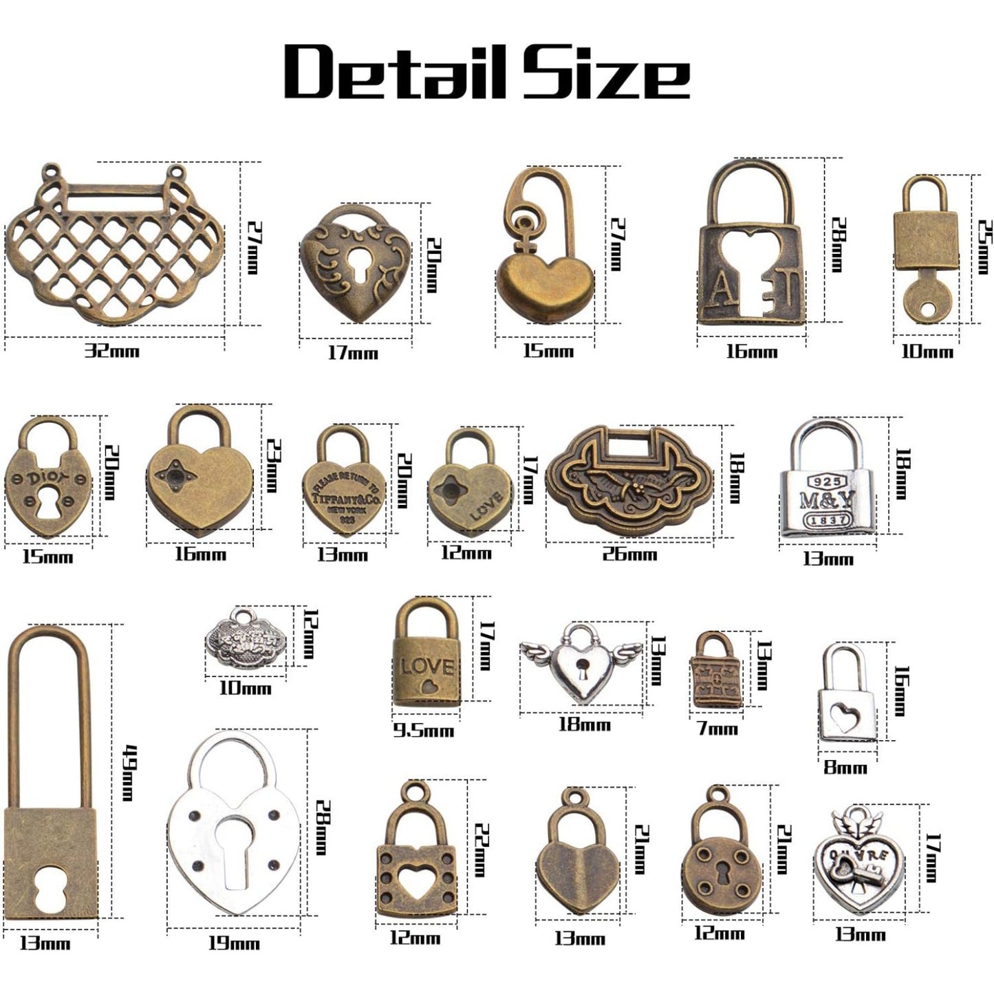 Heart Lock Charms, 100 Gram Tibetan Mixed Styles Heart Lock Pendants Retro Love Charm Jewellery Making Accessories for DIY Craft Bracelets Necklace Findings Crafting