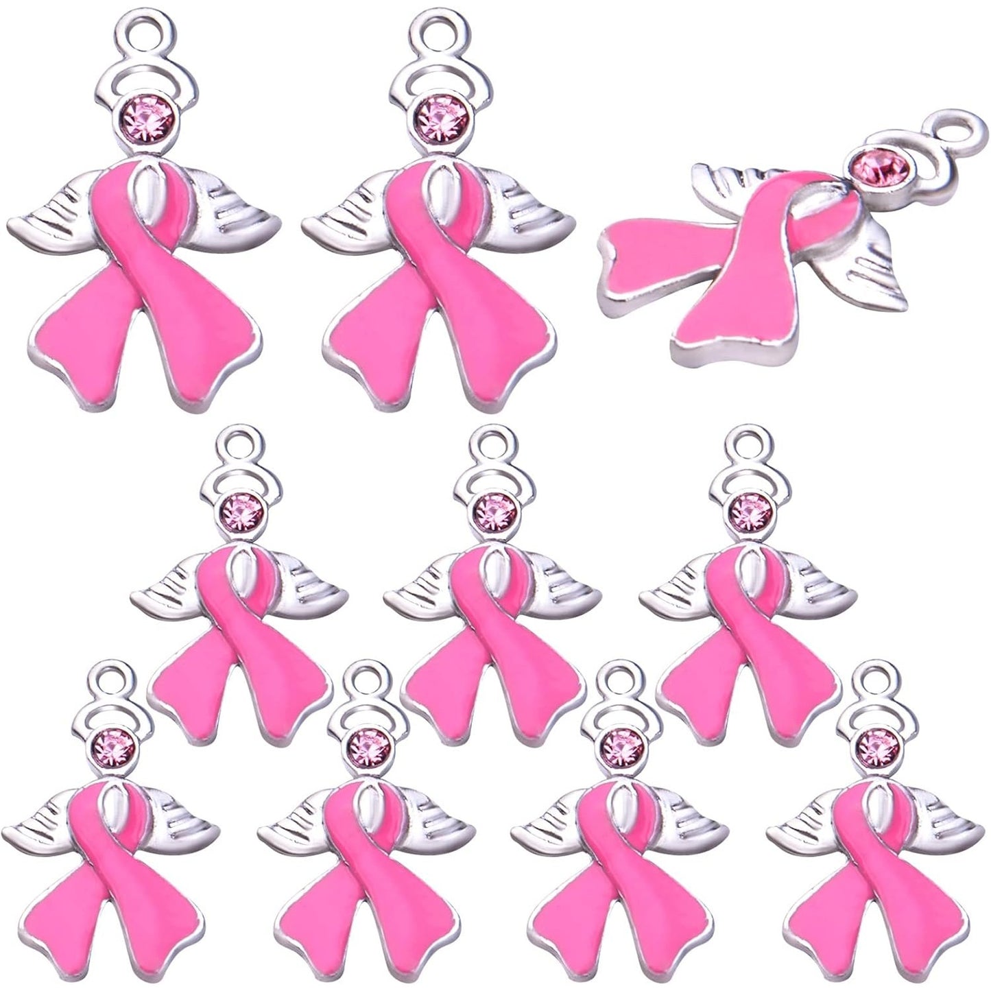 10pcs Pink Ribbon Pendants Breast Cancer Awareness Charms with Angel Wing Enamel Rhinestone Ribbon Charms Jewelry Making Accessories for DIY Crafts Necklace Bracelet Earrings