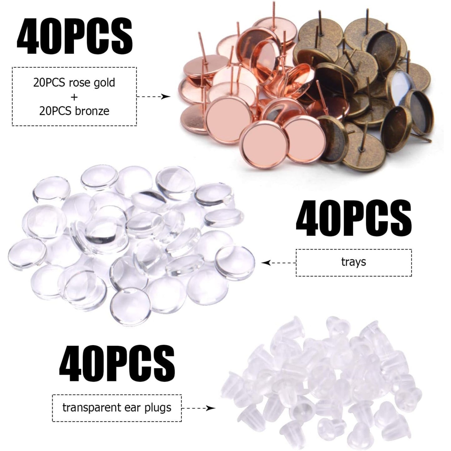 Earring Cabochon Settings,40pcs Stud Earring Cabochon Post Cup Blank Earring Bezel with 40pcs Glass Dome Cabochons and 40pcs Clear Earring Backs for Jewellery Making