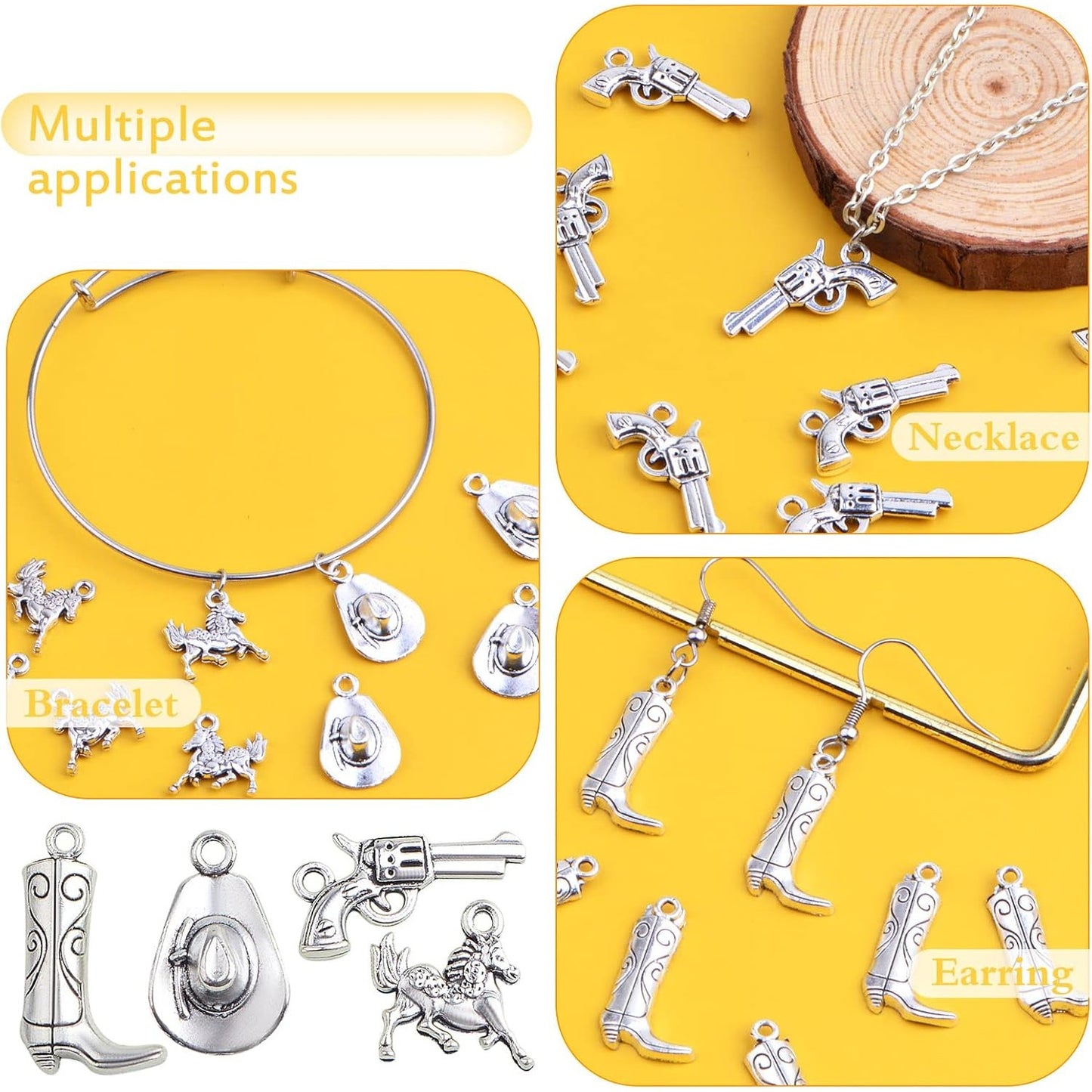 80pcs Antique Silver Western Cowboy Theme Charms Vintage Alloy Mixed Western Horse Boot Gun Pendants Charms for DIY Bracelet Necklace Earrings Jewelry Making, 4 Styles