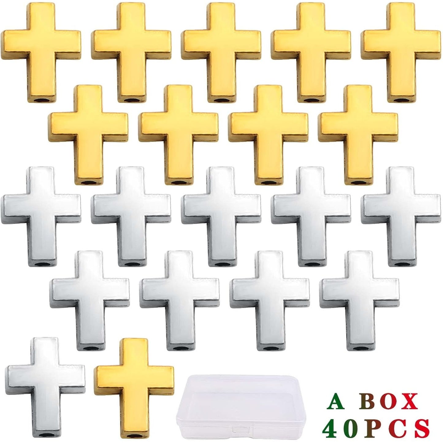 40pcs Mini Cross Shape Spacer Bead Antique Alloy Cross Crucifix Beads European Large Hole Loose Bead with A Box for DIY Jewelry Bracelet Jewelry Making Supplies, 2 Colors