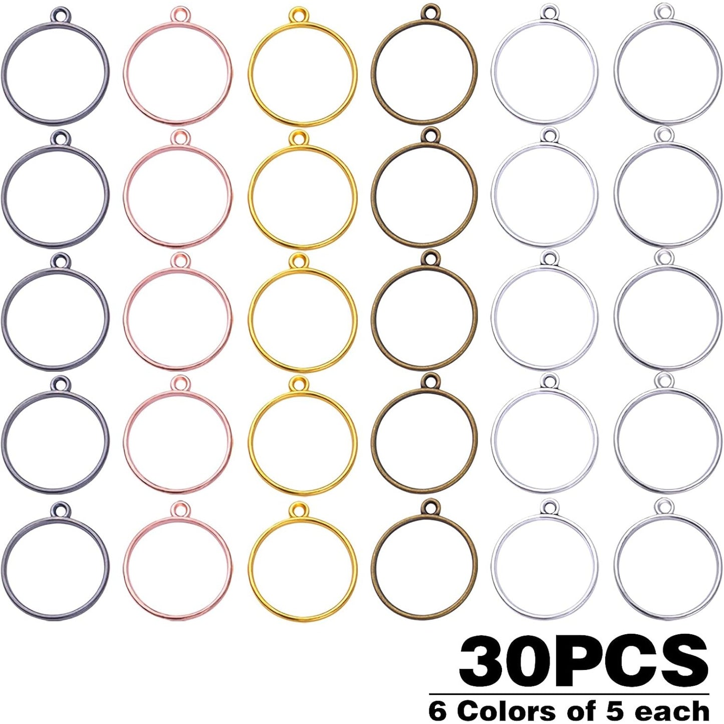 30pcs 6 Colors Round Open Bezel Pendants Alloy Bezel Charms Resin Molds Open Back Frame Pendants for Pressed Flower Frame Hollow Trays Jewelry Earrings Necklace Making Findings