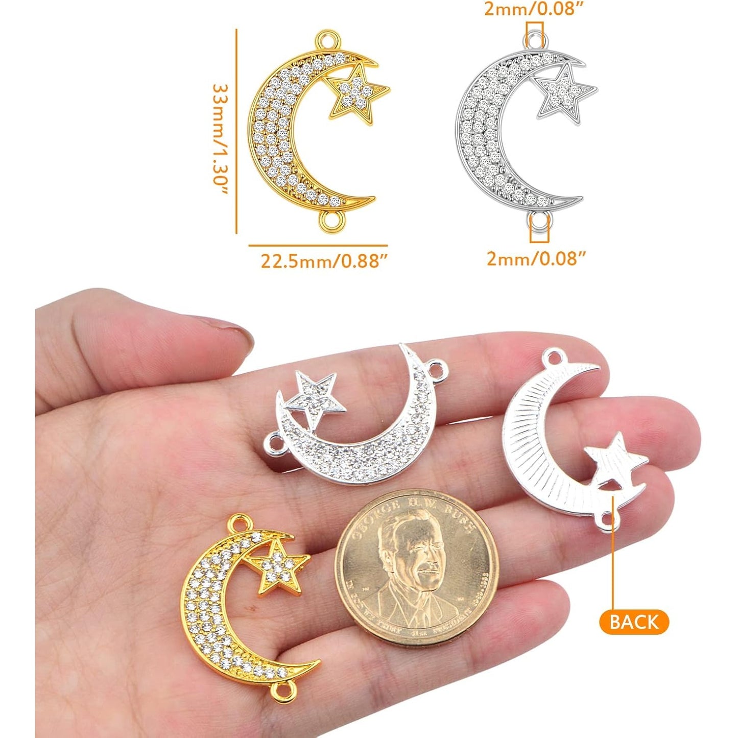 10 Pieces Crescent Moon and Star Charms Connectors with Rhinestone Alloy Moon Dangle Pendants with Double Loops for DIY Necklace Earrings Jewelry Making Supplies, 2 Colors