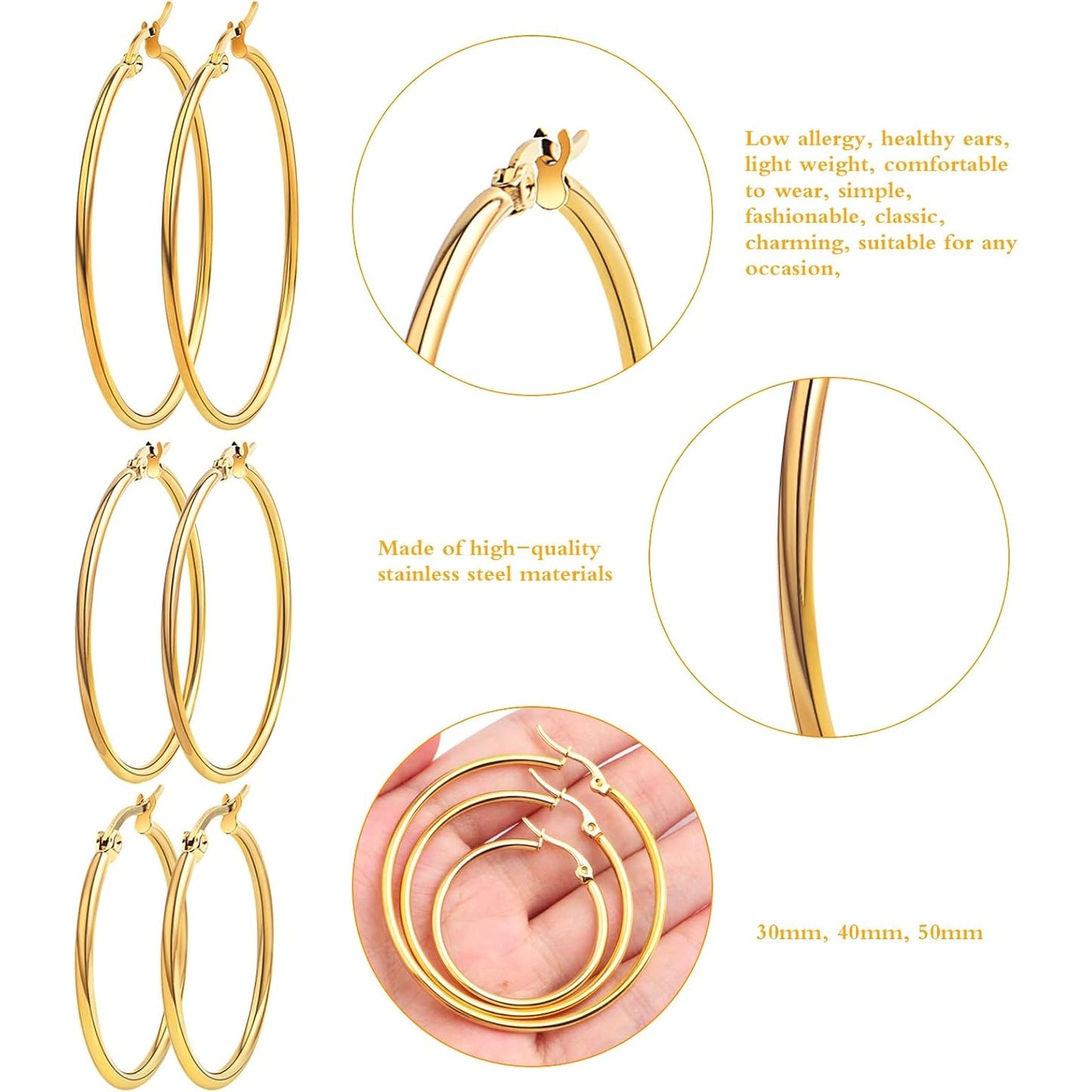 12 Pairs 3 Sizes 4 Colors Hypoallergenic Earring Hoops Findings Stainless Steel Hoops Earrings Set Big Open Beading Hoop Earrings for DIY Art Crafts Jewelry Making