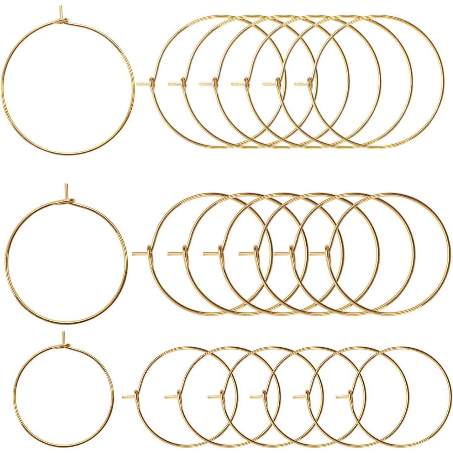 BronaGrand 150 Pieces Gold Plated Wine Glass Charm Rings Earring Hoops 3 Sizes,30mm,25mm,20mm