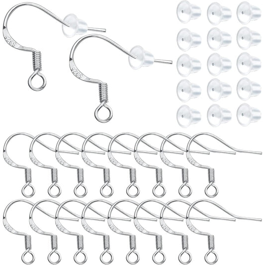 50pcs 925 Sterling Silver Earring Hooks Hypoallergenic Earwire Fish Hooks and 50pcs Silicone Clear Earring Safety Backs for DIY Earring Jewelry Making Supplies