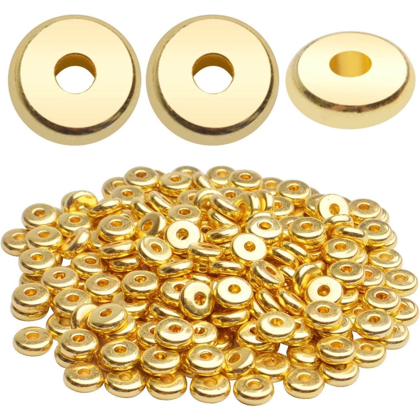 200pcs 8mm Flat Round Rondelle Spacer Beads Disc Spacers Loose Beads Jewelry Metal Spacers for DIY Bracelet Necklace Crafts,Gold