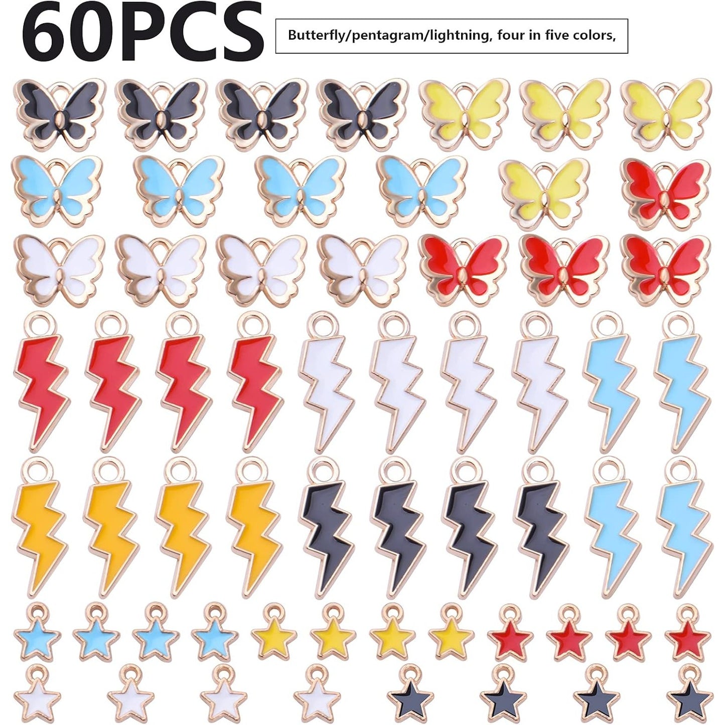 60pcs 5 Colors Enamel Alloy Pendants Charms Butterfly Flash Star Shape Pendant Charms Jewelry Enamel Charms for DIY Earrings Necklace Bracelet Crafts Making