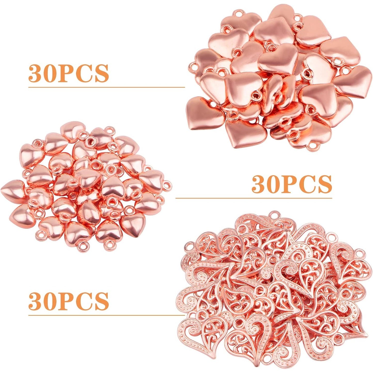 90pcs Rose Golden Heart Shaped Charms Alloy Hollow Polished Puff Love Heart Drop Pendants Craft Supplies for DIY Necklace Earrings Jewelry Making Decoration Gifts, 3 Styles