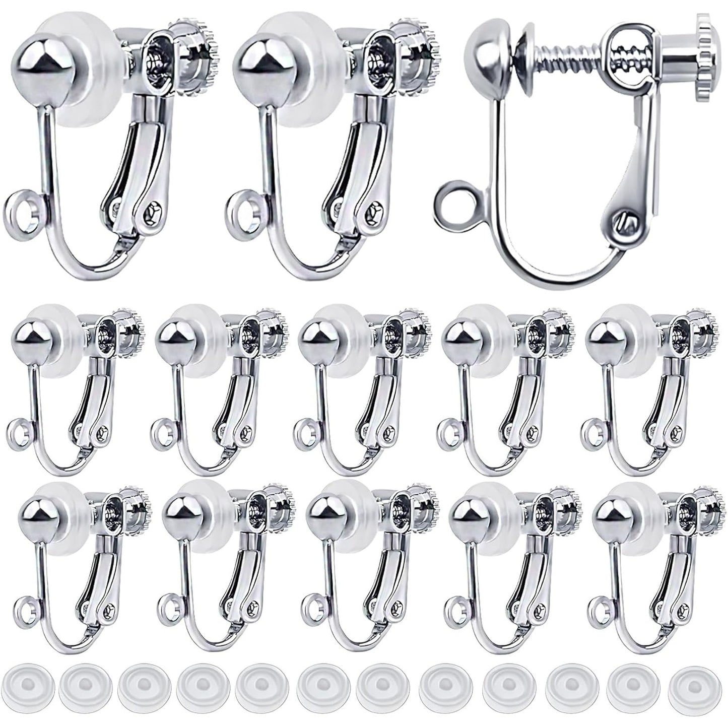 12pcs Sterling Silver Plated Clip-on Earring Converters Brass Screw Back Non Pierced Ear Clips Components with Loop and 12pcs Anti-Pain Pads for DIY Earrings Jewelry Making