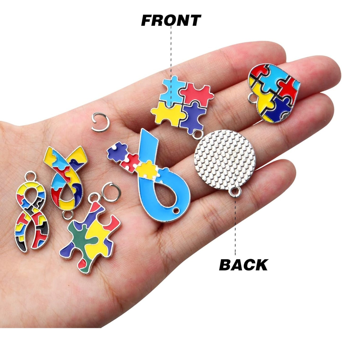 16pcs 8 Styles Autism Charms Mixed Jigsaw Puzzle Pendants Autistic Awareness Charms with 50pcs 5mm Open Jump Rings for DIY Crafts Necklace Bracelet Jewelry Making Supplies