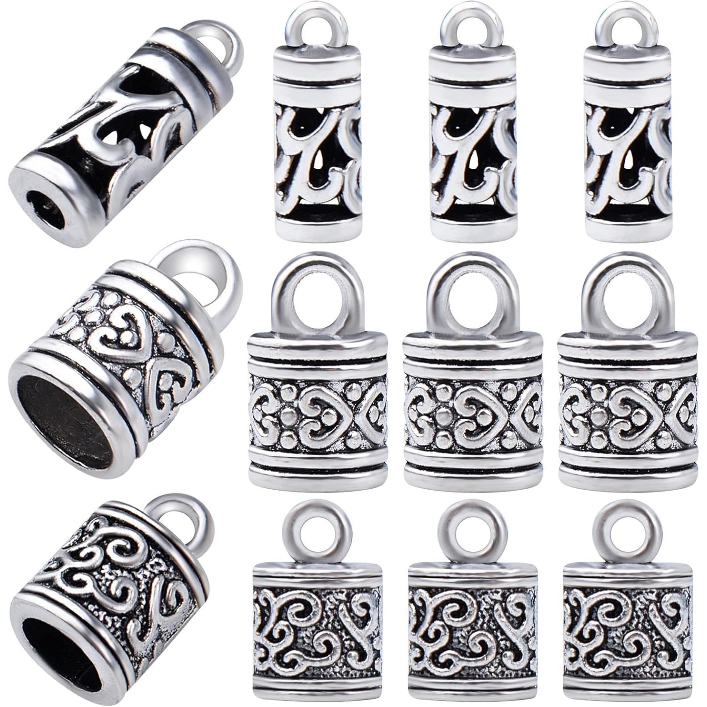 60pcs Antique Silver Cord End Caps Tibetan Alloy Flower Patterns Glue-in Tassel Leather End Caps Buckle Tips Accessories for DIY Craft Necklace Bracelet Jewelry Making, 3 Styles