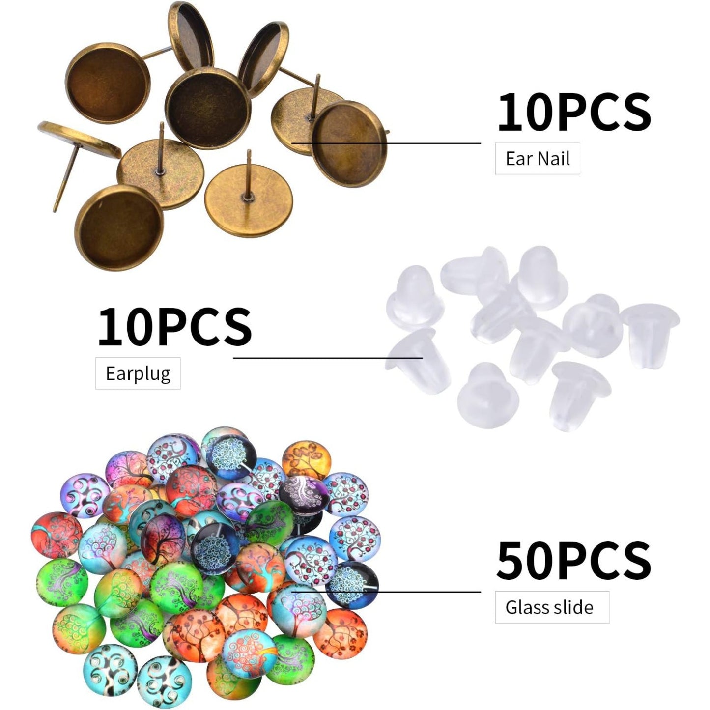 Glass Dome Cabochons, 50pcs 14 Styles Tree of Life Pattern Flatback Resin Cabochons (12mm) with 10pcs Bronze Stud Earring Bezel and 10pcs Clear Earring Backs for Jewelry Making