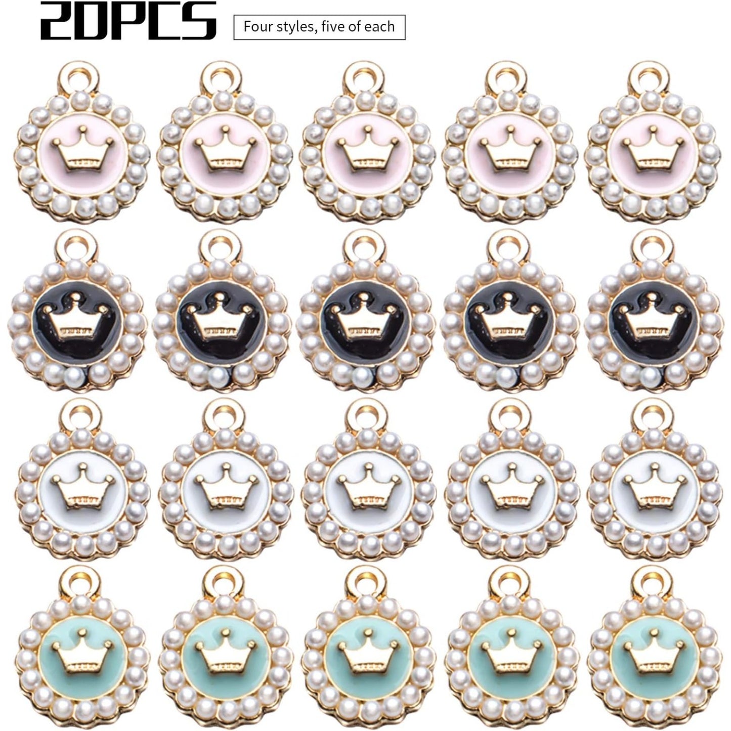 Enamel Pearl Crown Charms, 20pcs Enamel Pearl Round Alloy Colorful Crown Charms Pendants for DIY Necklaces Bracelets Jewelry Making Craft Supplies, Black, Pink, White, Green, 13x16mm