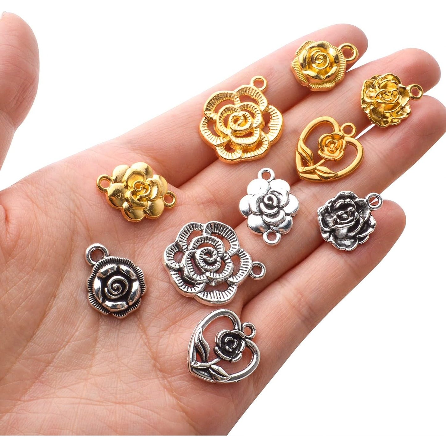 50pcs Rose Charms Pendants Alloy Rose Flower Charms Flower Connector Charms Rose Bead Charms for DIY Earrings Bracelet Necklace Jewelry Crafts Making Finding,5 Styles