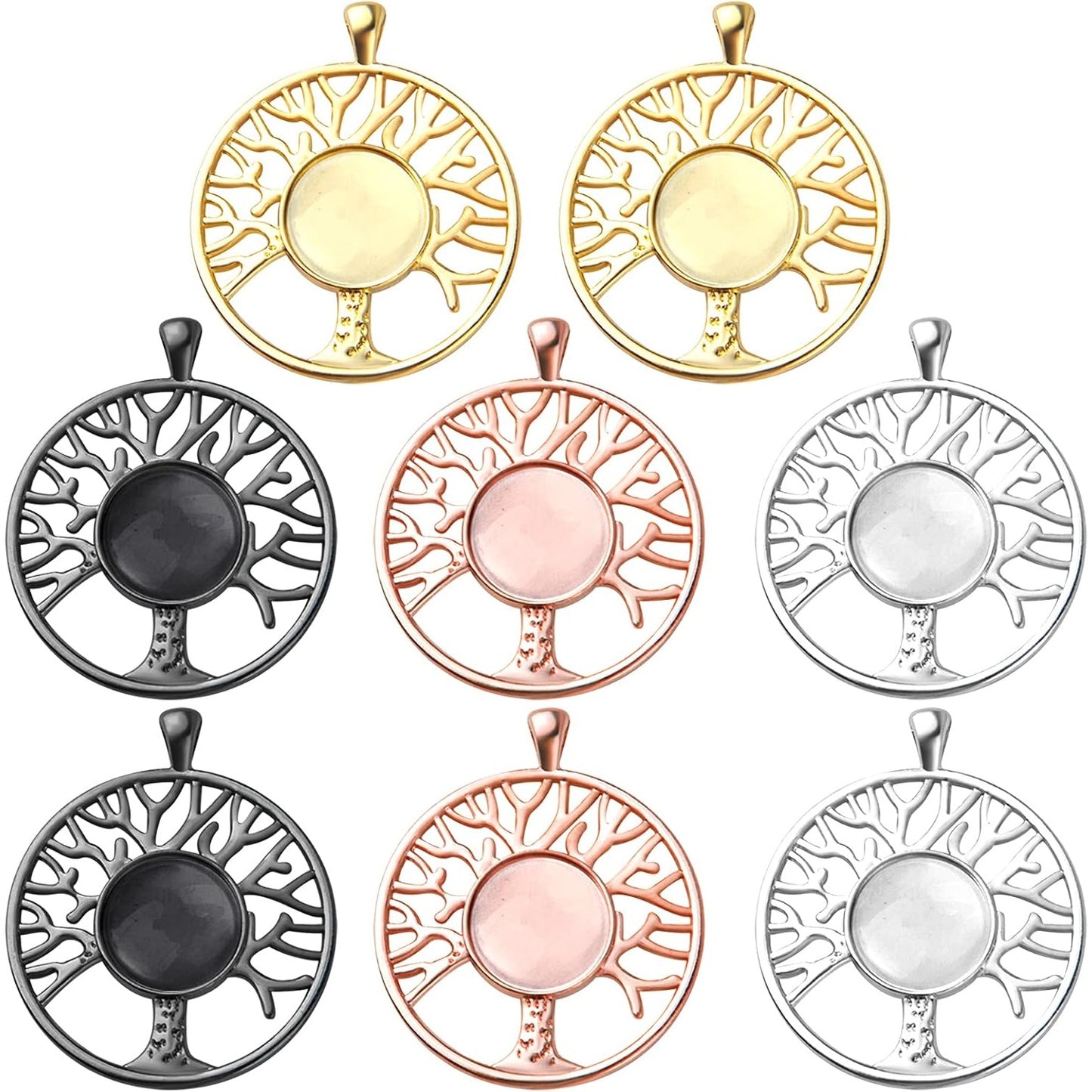 8 Sets 4 Colors Dream Catcher Pendant Trays Alloy Tree of Life Charms with Clear Dome Glass Cabochons for Photo Cameo Bracelet Necklace Jewelry Making Accessories
