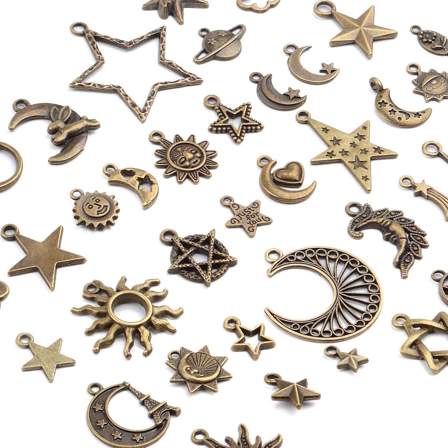 Celestial Charms,40pcs Craft Supplies Mixed Alloy Sun Moon Star Planet Pendants Accessories for DIY Necklace Bracelet Jewelry Making