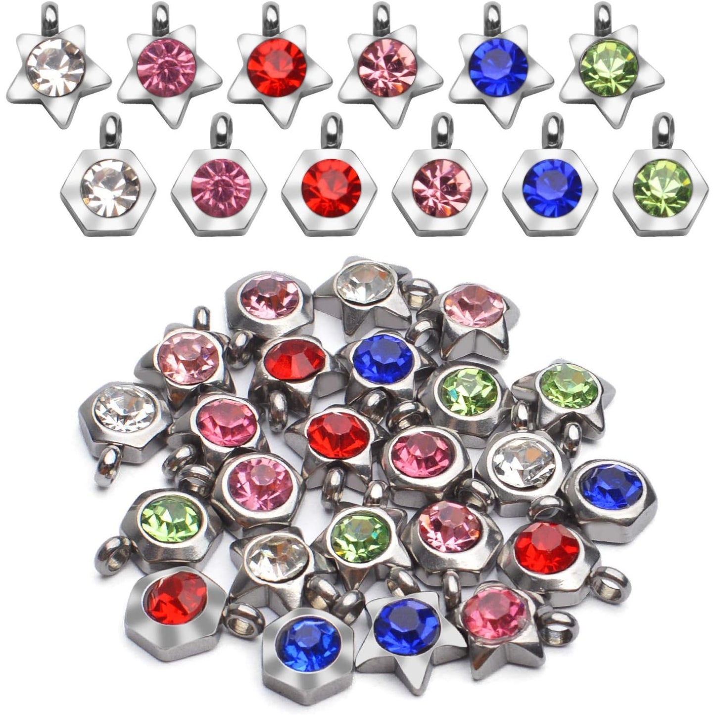 24pcs Jewelry Crystal Charms Rhinestone Star Hexagon Charm Pendants DIY Beads Pendants with Rings for DIY Jewelry Necklace Bracelet Earring Making Supplies,6 Colors