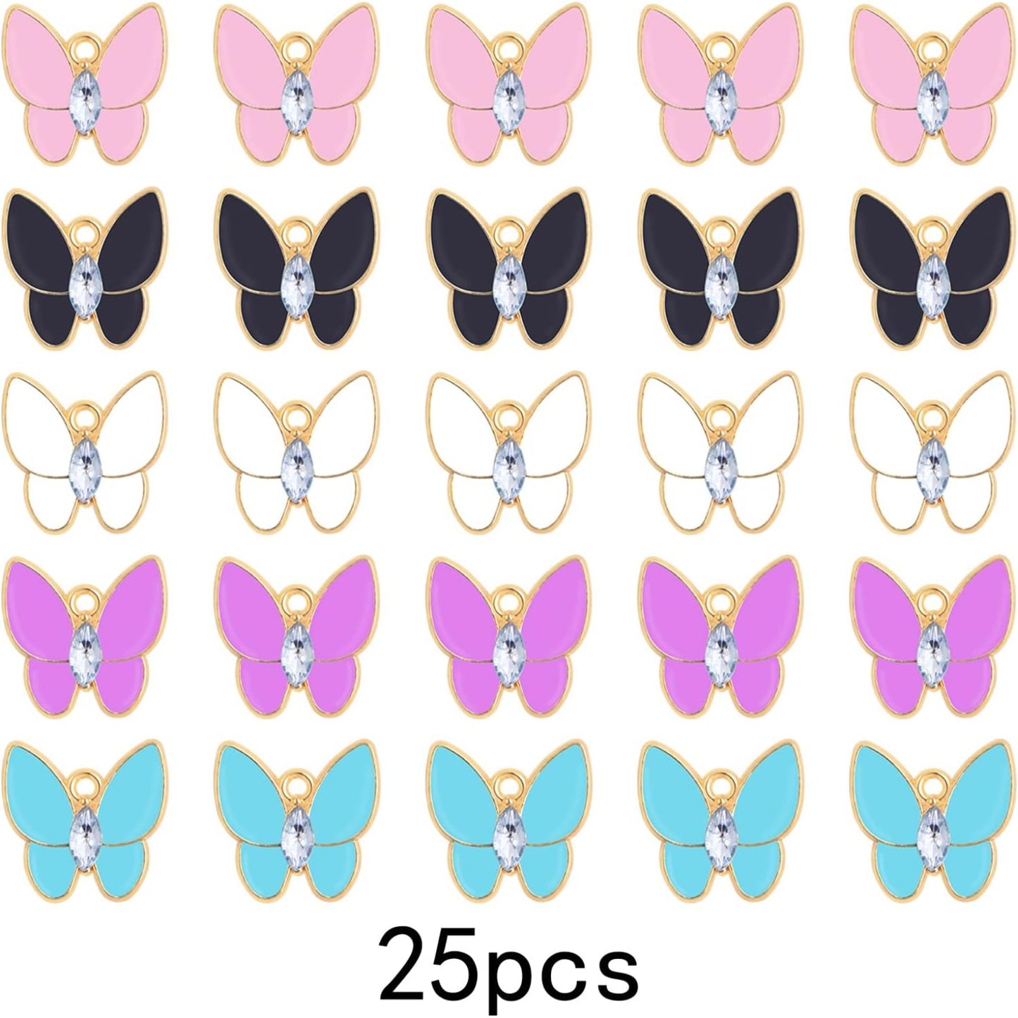 25 Pieces KC Golden Plated Enamel Butterfly Charms Cute Alloy Rhinestone Butterfly Shape Dangle Pendants for DIY Necklace Earrings Jewelry Crafts Making, 5 Colors