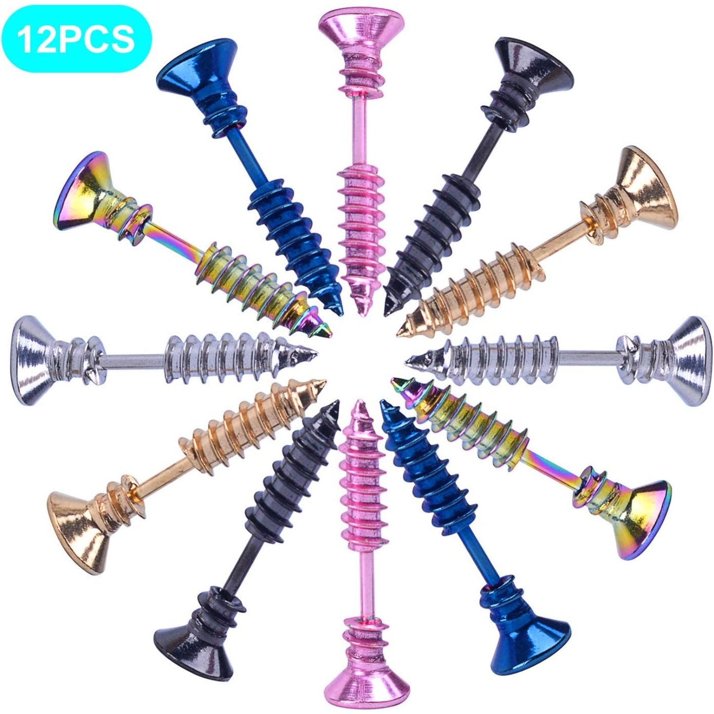 12 Pieces Screw Earrings, Stainless Steel Unisex Piercing Cross Screws Hoop Earrings Ear Stud,6 Colors
