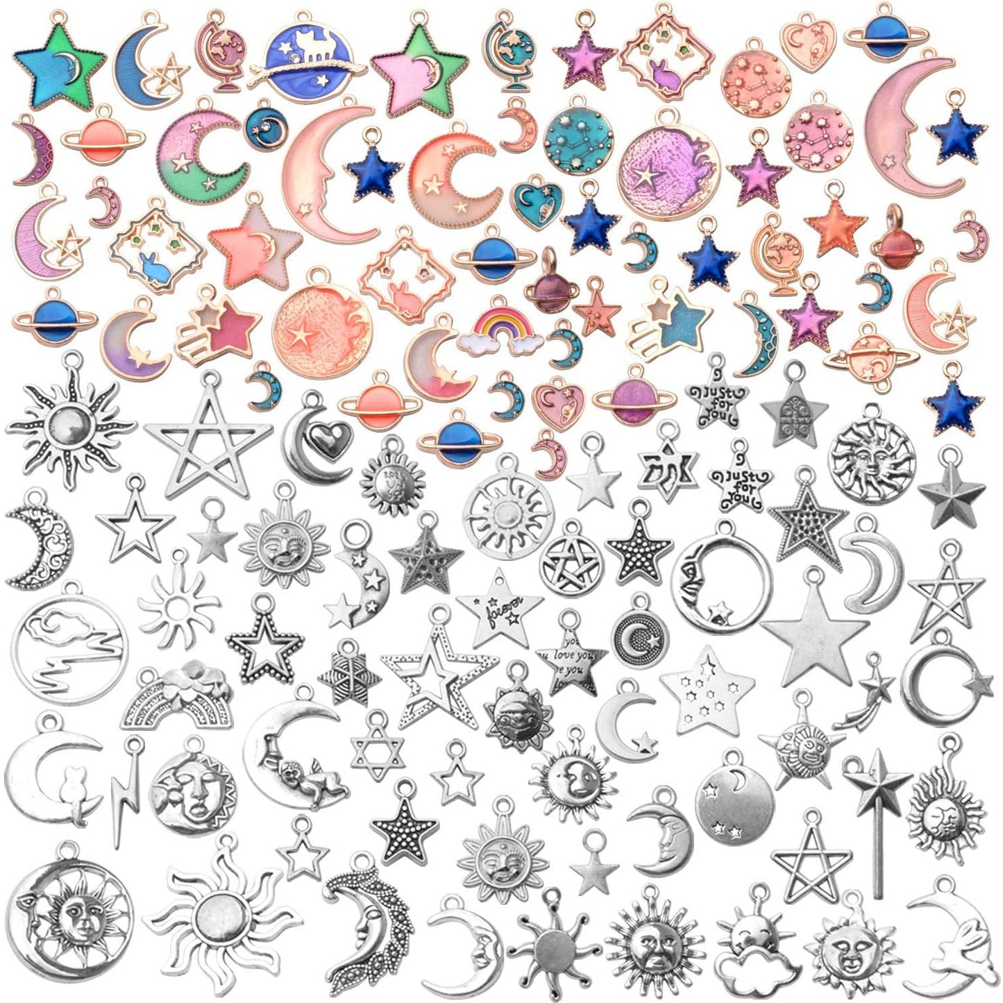 120pcs Celestial Charms Pendants, Mixed Antique Silver Sun Stars Moon Charm Pendant,Enamel Moon Star Cat Charms Pendants for DIY Earrings Necklace Jewelry Making Crafts