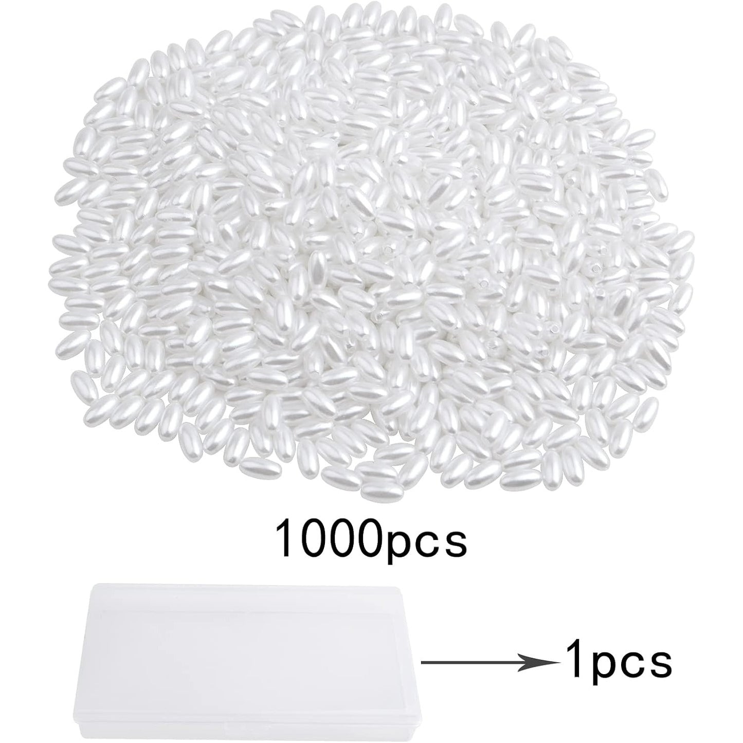 1000pcs White Long Pearl Beads Smooth Ball Imitation Pearl Beads Plastic Oval Rice Shape Spacer Beads with a Plastic Box for DIY Bracelets Jewelry Making Craft Decoration