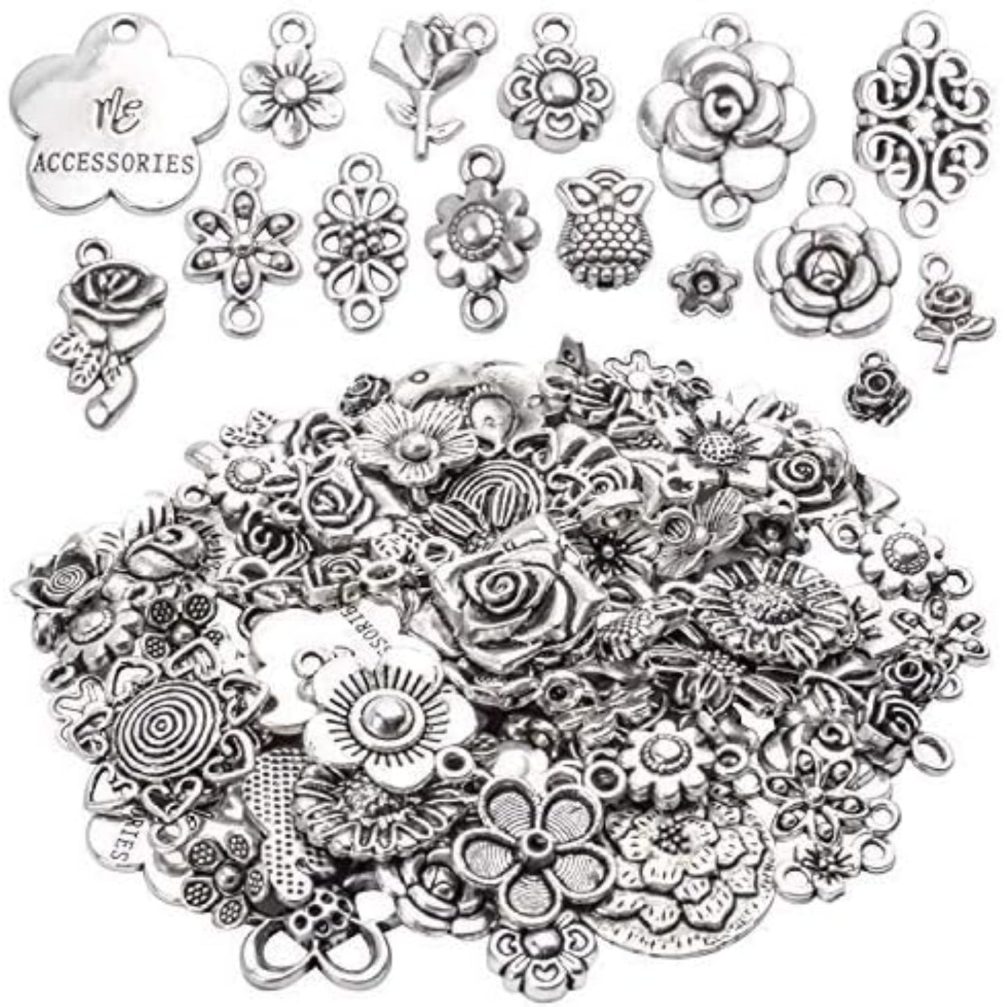 100g Craft Supplies Mixed Rose Flower Charms Pendants Alloy Flower Charm Beads Link Connectors for DIY Bracelet Necklace Keychain Jewelry Making, Antique Silver