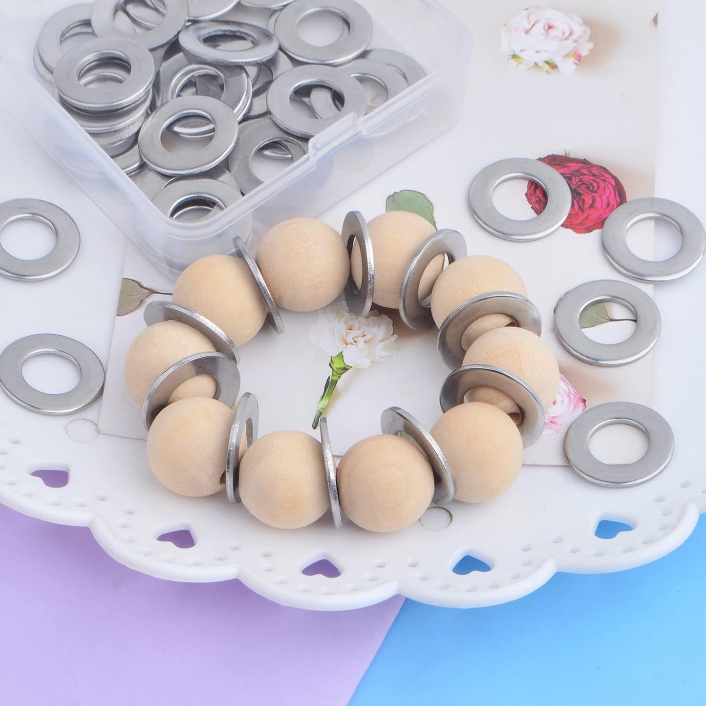 50pcs 20 mm Flat Round Spacer Beads Disc Loose Beads Zinc Nickel Ring Slider Beads Carbon Steel Spacers with a Plastic Box for DIY Bracelet Necklace Jewelry Making Supplies