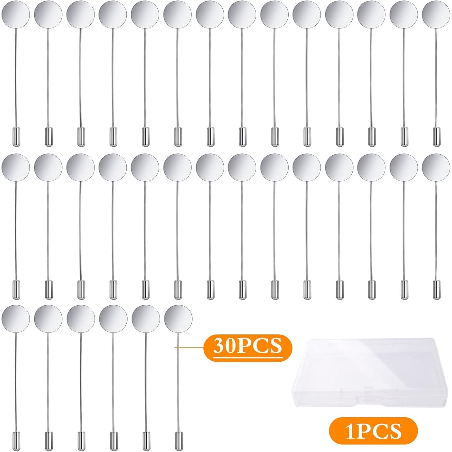 30pcs Round Tray Lapel Stick Pins Stainless Steel Tray Lapel Pin Blank Stick Brooch Pins DIY Costume Jewelry Accessories with a Box for Men Women Suit Tie Hat Scarf Badge