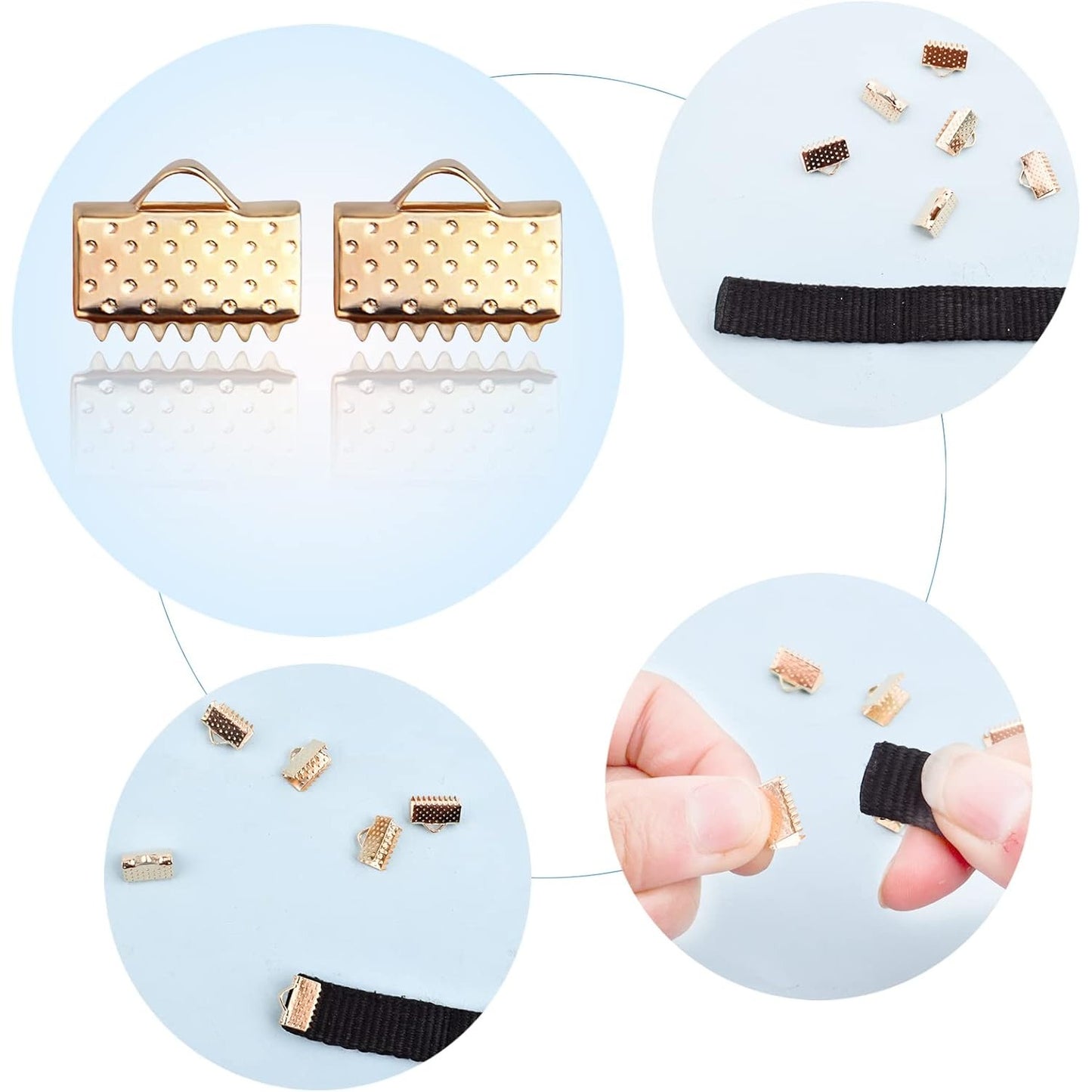 500pcs KC Golden Ribbon Ends Metal Pinch Crimp Clamp Ends Cord Ends Fasteners Clasp Findings for DIY Bracelet Anklets Leather Bookmark Jewelry Making, 10x7.5x5.5 mm