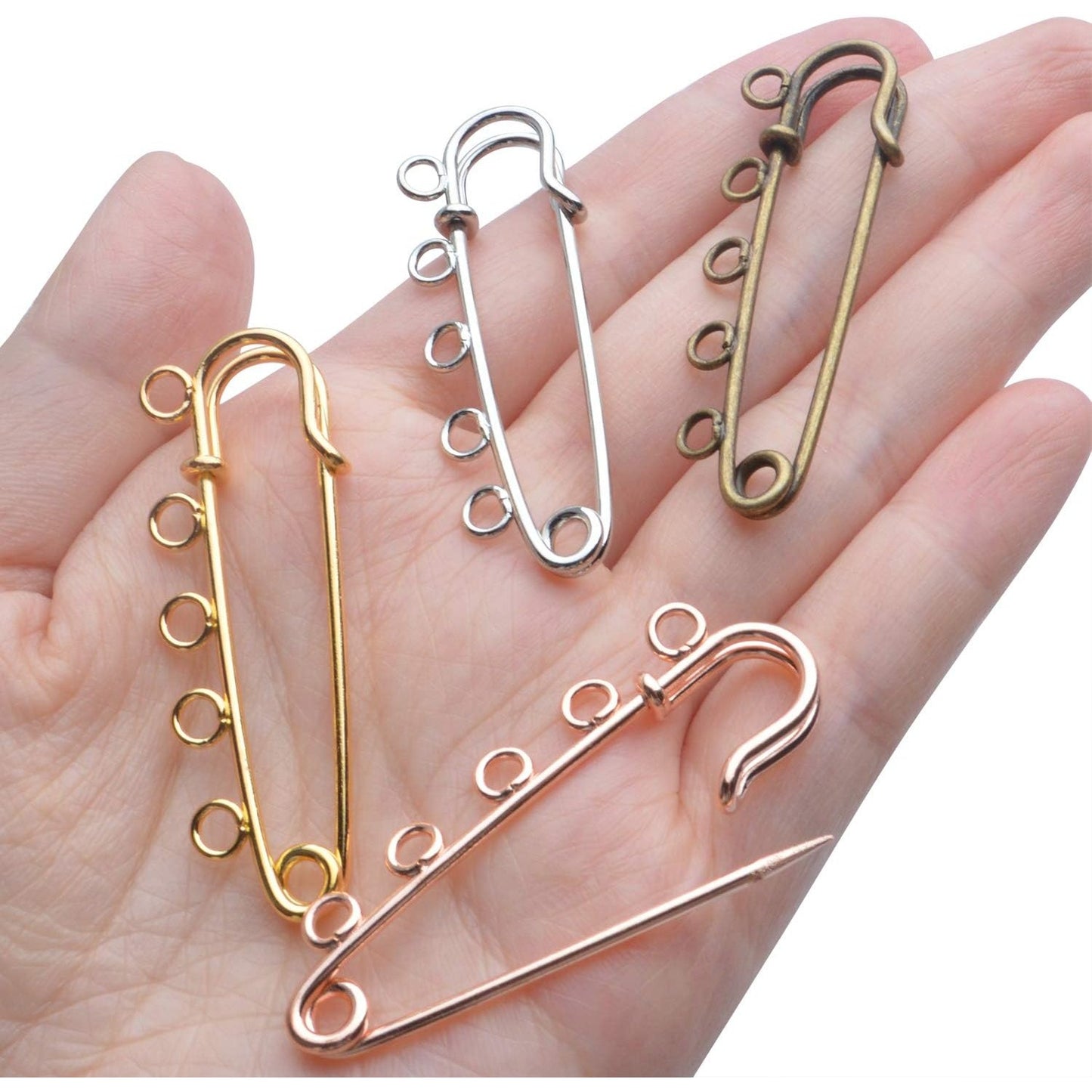 Heavy Duty Alloy Safety Pins - 20pcs Bulk Pack with 5 Loops - Gold, Silver, Antique Bronze, Rose Gold - 50x15mm