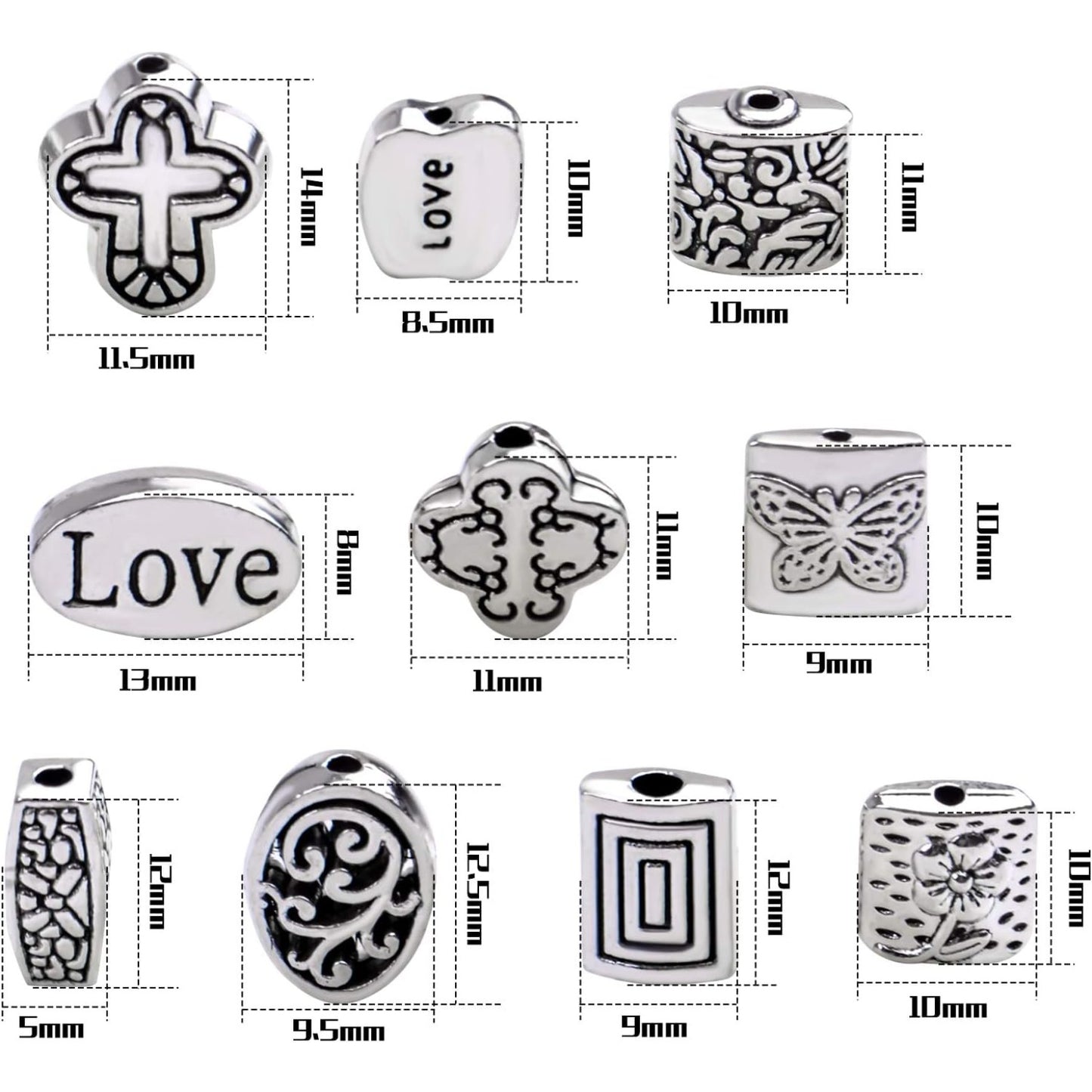 100g (About 70-120pcs) Antique Silver Spacer Beads Mixed Small Tibetan Loose Beads for Bracelet Necklace Jewelry Making,5-12mm