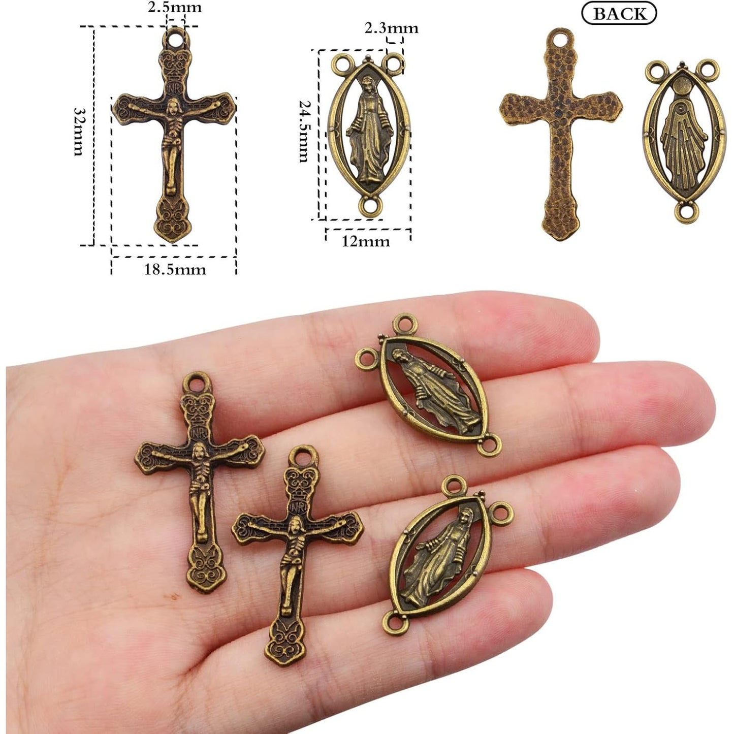 40pcs Gold Plated Rosary Cross and Center Charms Miraculous Medal Pendant Alloy Tibetan Style Jesus Crucifix Cross Pendants Oval Chandelier Links for Rosary Holy Beads Necklace Making