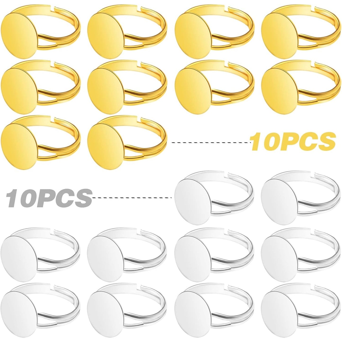 20 Pieces Metal Blank Rings Adjustable Finger Ring Flat 12mm Round Ring Base Blanks Jewelry Findings Components for Rings Making DIY Crafts, Golden, Silver