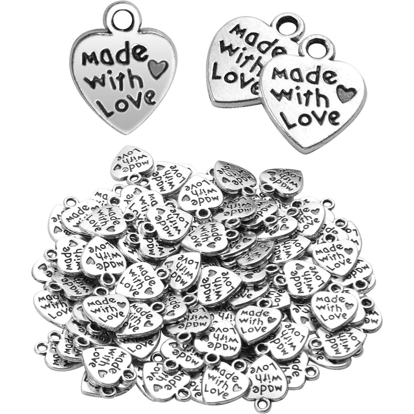 100pcs Tibetan Silver Heart Charm Made with Love Charm Jewelry Making Findings for DIY Bracelet Necklace Crafts