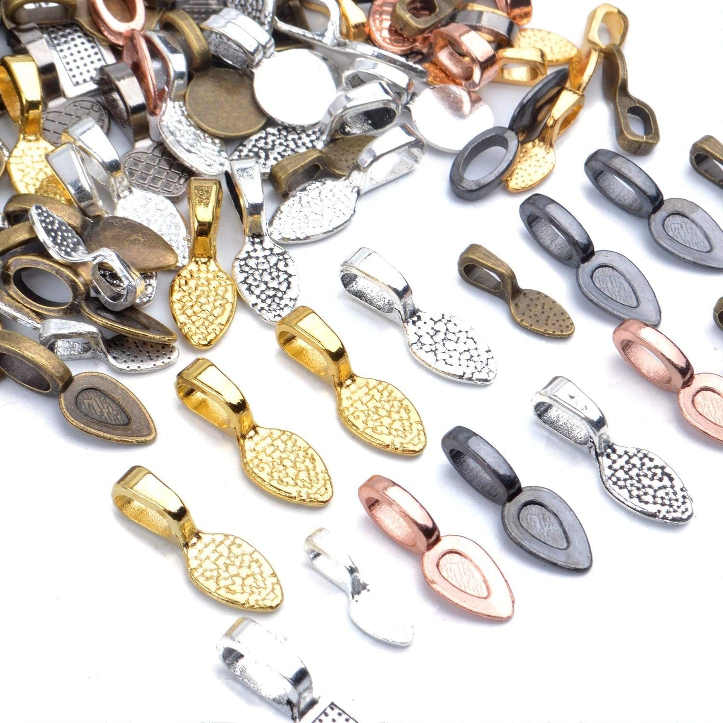 Pendant Connector,120 Pieces Tibetan Style Alloy Glue-on Flat Pad Bails Shovel Shape Pendants Charms Connector Hanger for Jewelry Making,6 Styles in 5 Colors