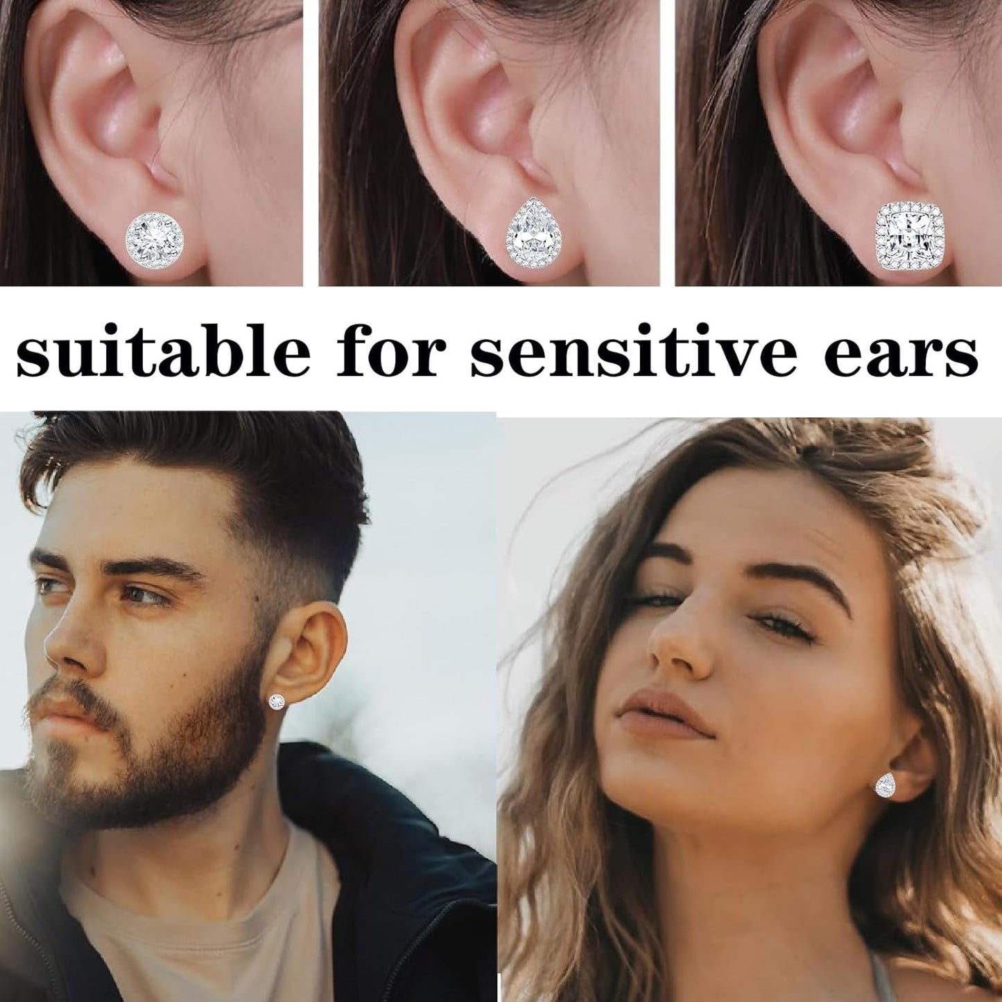 3 Pairs CZ Halo Stud Earrings Sterling Silver Plated Round Square Teardrop Cubic Zirconia Diamond Earring Posts for Women Men Sensitive Ears Anniversary Wedding Party Gift