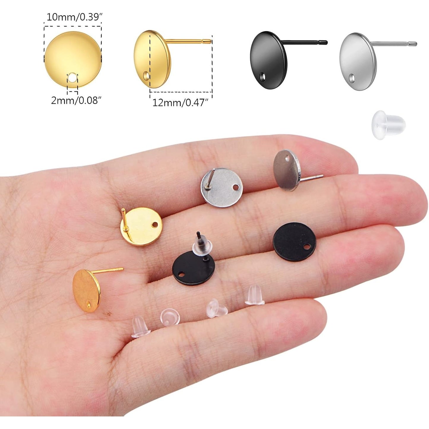 30pcs 3 Colors Stainless Steel Stud Earrings Flat Round Pad Earring Posts Findings with Hole and 30pcs Clear Silicone Earring Backs for Women DIY Jewelry Making