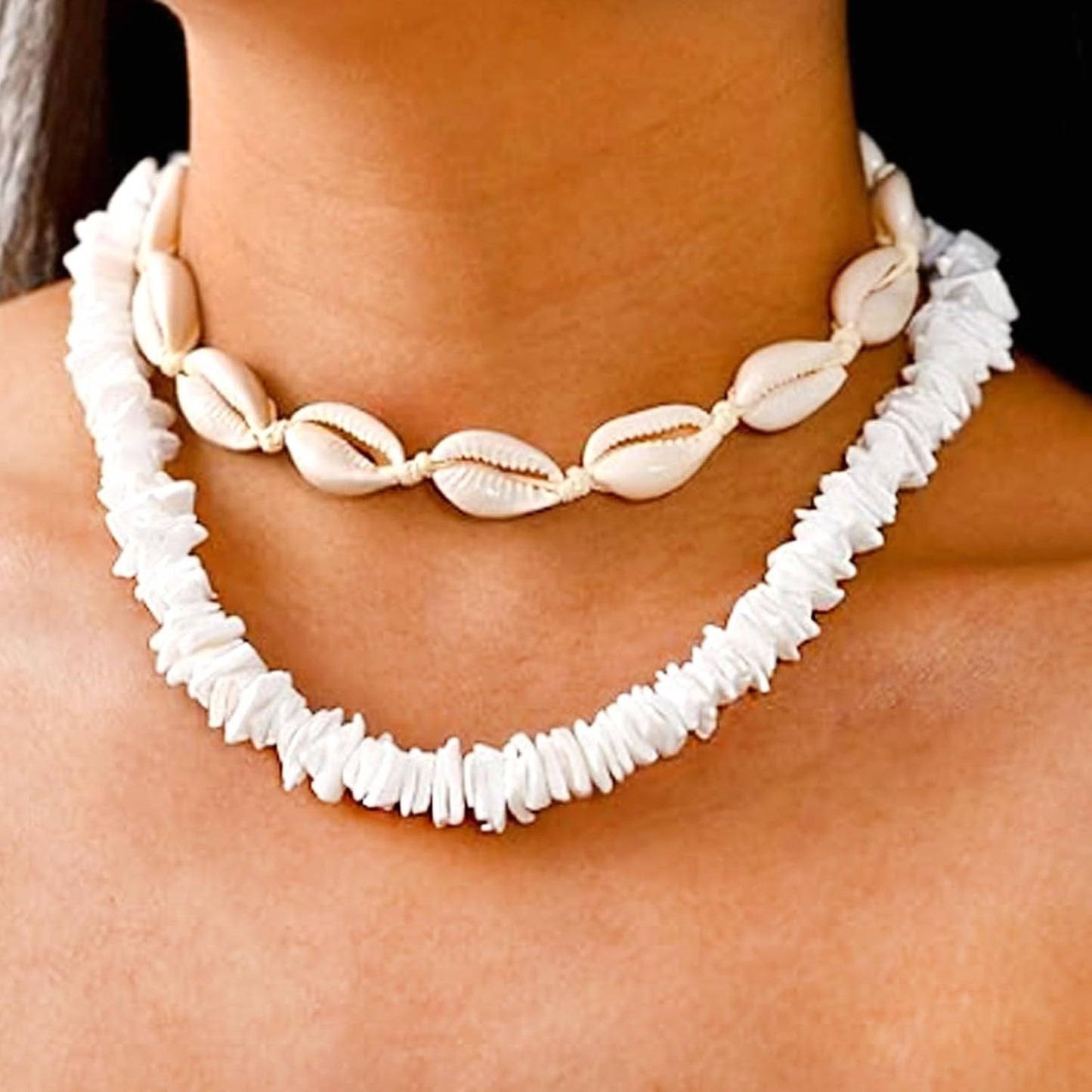 4pcs Puka Shell Necklaces Adjustable Natural Seashell Pearl Bead Choker Necklace Handmade Cowrie Shells Surfer Bracelet Hawaiian Summer Beach Boho Jewelry Set for Women Gifts