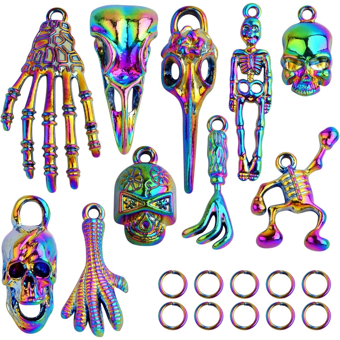 10pcs 10 Styles Rainbow Color Skull Head Charms Collection Alloy Halloween Skeleton Bone Pendants and 10pcs Open Jump Rings for DIY Bracelet Keychains Crafts Jewelry Making