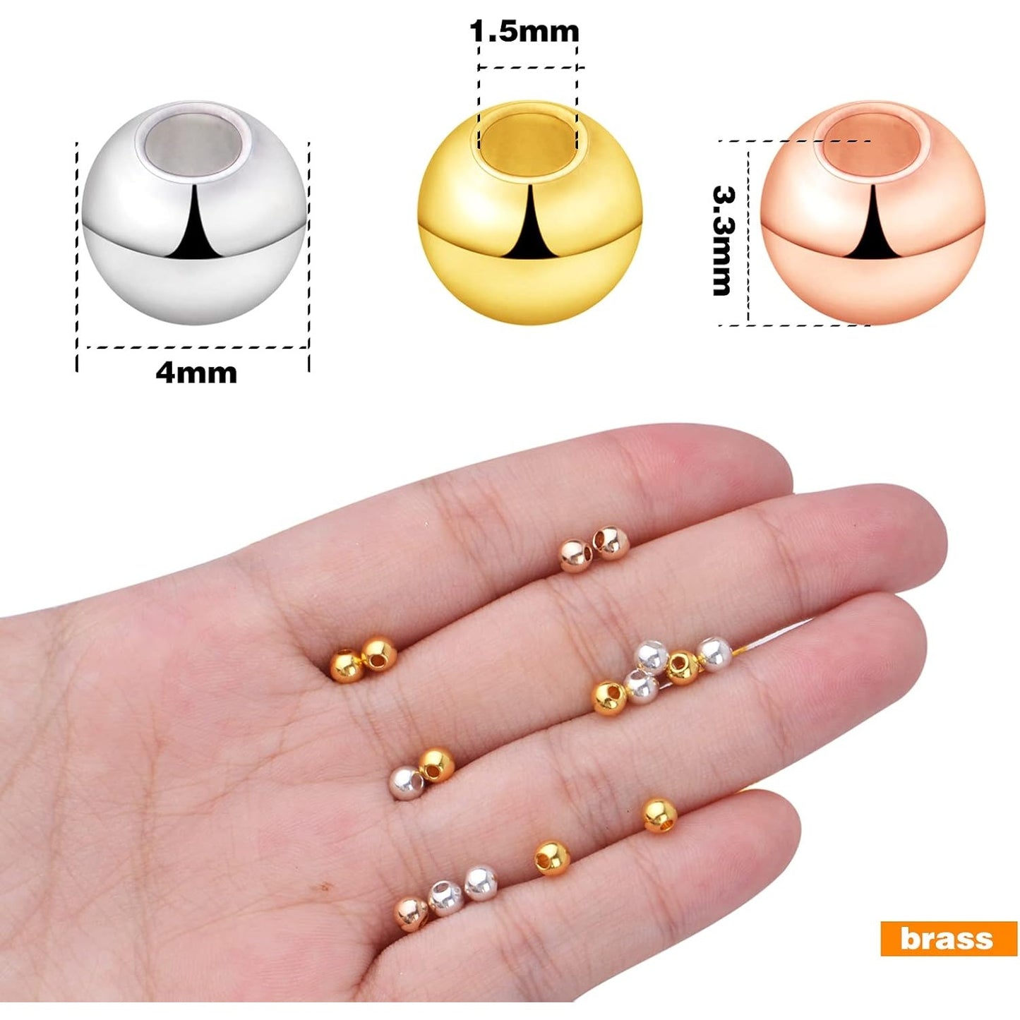 300pcs 4mm Smooth Round Spacer Beads Brass Ball Beads Tarnish Resistant Seamless Loose Connector Beads for DIY Bracelet Necklace Jewelry Making Findings, 3 Colors