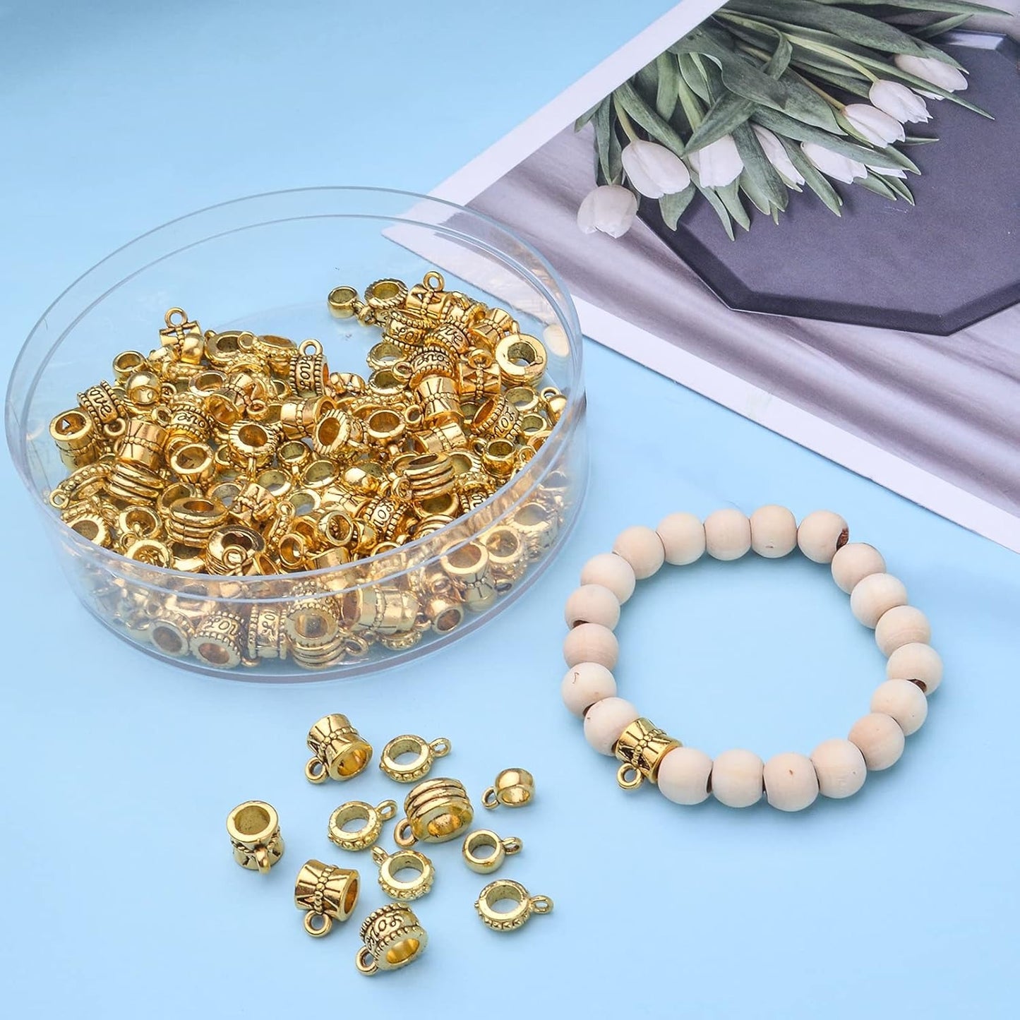 100g Antique Gold Bail Tube Beads Bail Beads Spacer Beads Tibetan Bead Hanger Charms Connector Links for DIY European Charm Bracelet Jewelry Crafts Making, 5 Styles