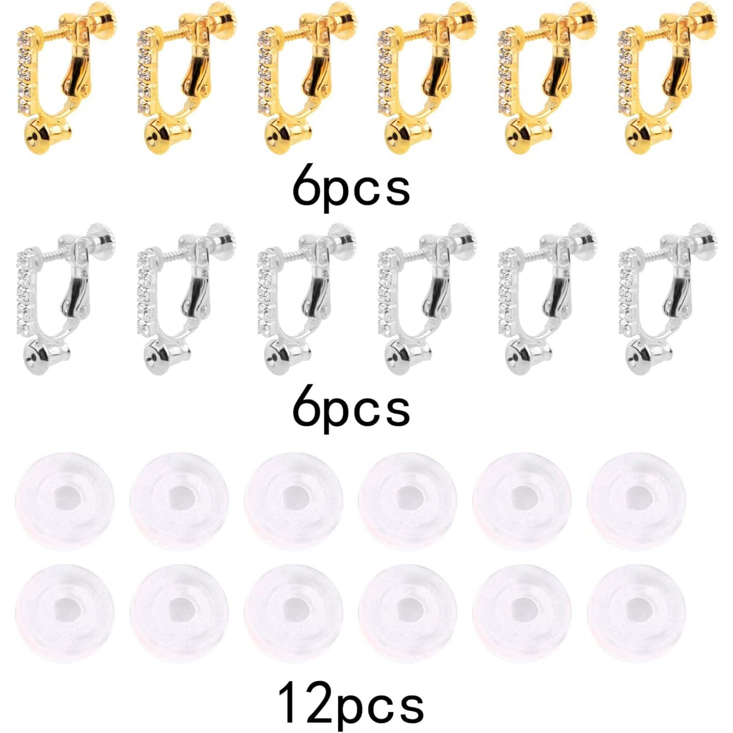 12pcs 2 Colors Clip-on Earring Converters Brass Screw Earclips Components with 5 Rhinestone and 12pcs Silicone Anti-pain Ear Pads for Non-Pierced Ears DIY Jewelry Making Findings