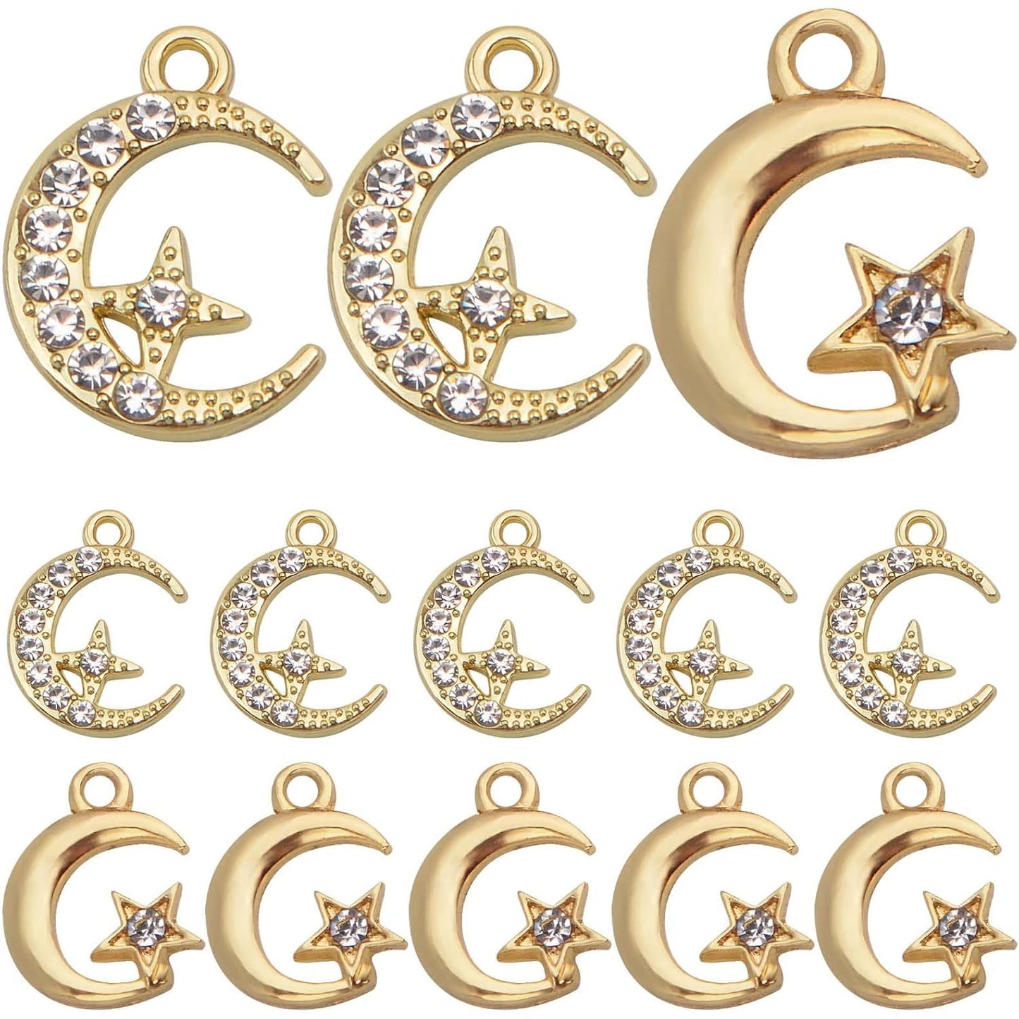 20pcs Golden Crescent Moon Star Charms Alloy Celestial Dangle Pendants with Shiny Rhinestone Craft Supplies for DIY Earring Bracelet Necklace Jewelry Making, 2 Styles