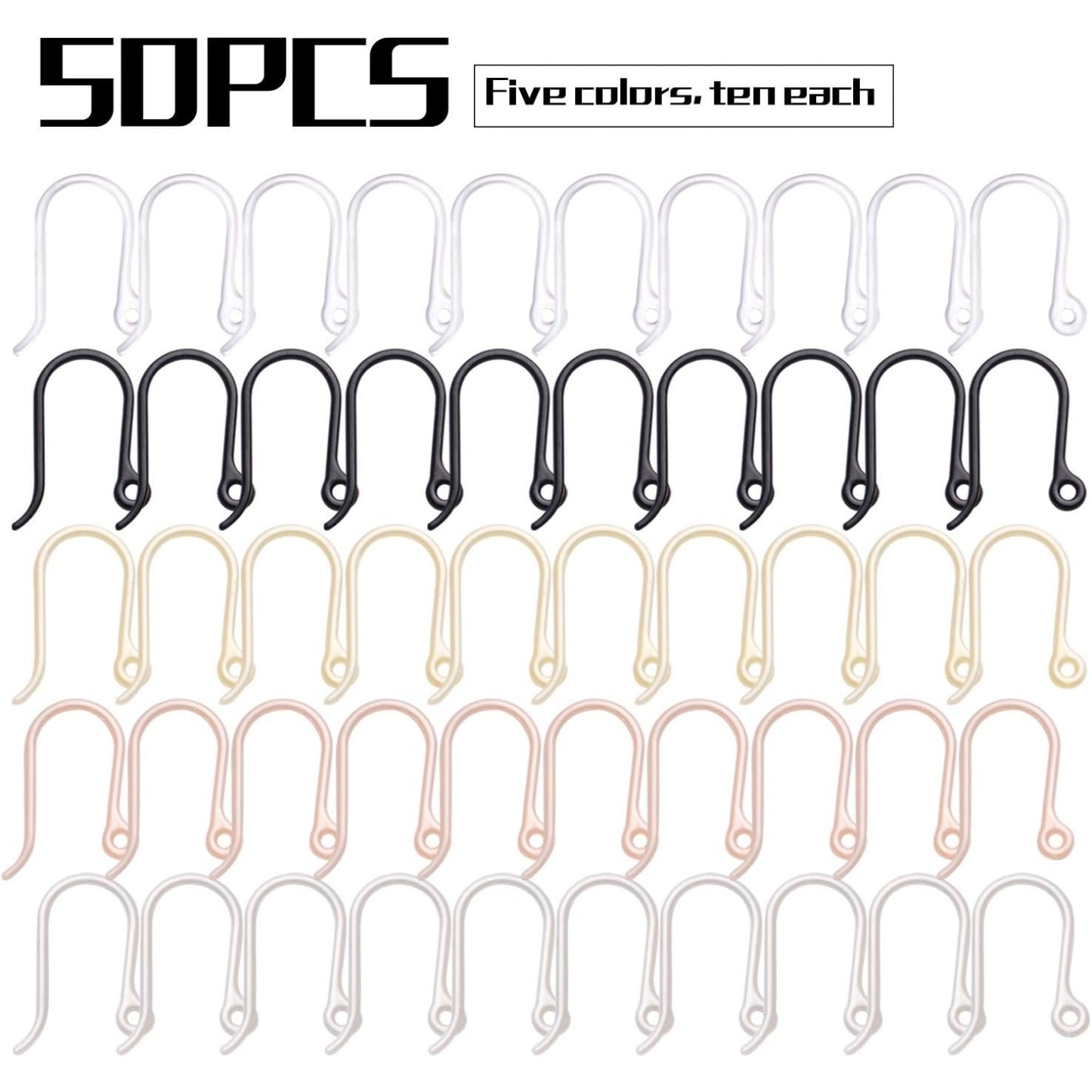 Plastic Earring Hooks, 50pcs Non-Allergenic Plastic Earring Hooks Safety Ear Wire Hooks Earring Findings for DIY Jewelry Making, 13x9mm, Golden, Silver, Black, Pink, Clear(Small)