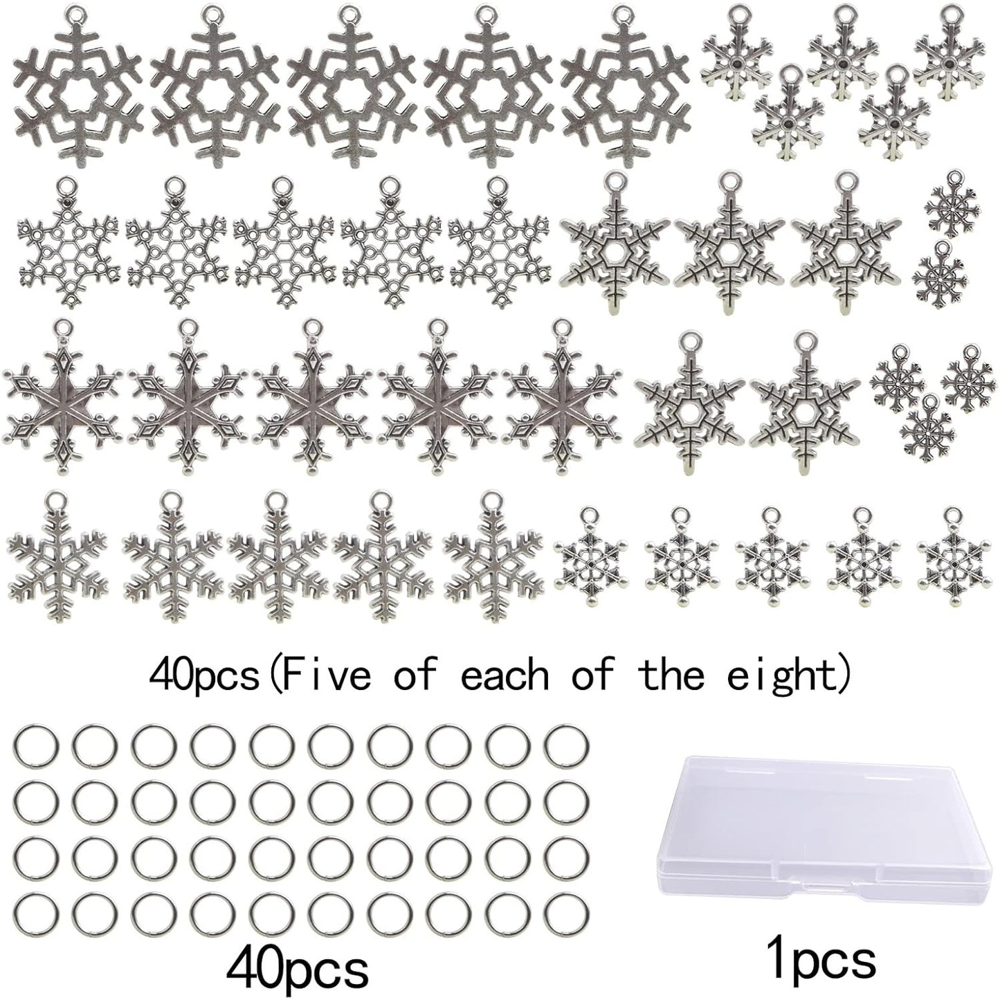 40pcs Antique Silver Mixed Snowflake Charms Alloy Christmas Snowflake Pendants and 40pcs White K Open Jump Rings with a Plastic Box for DIY Bracelet Jewelry Making Supplies
